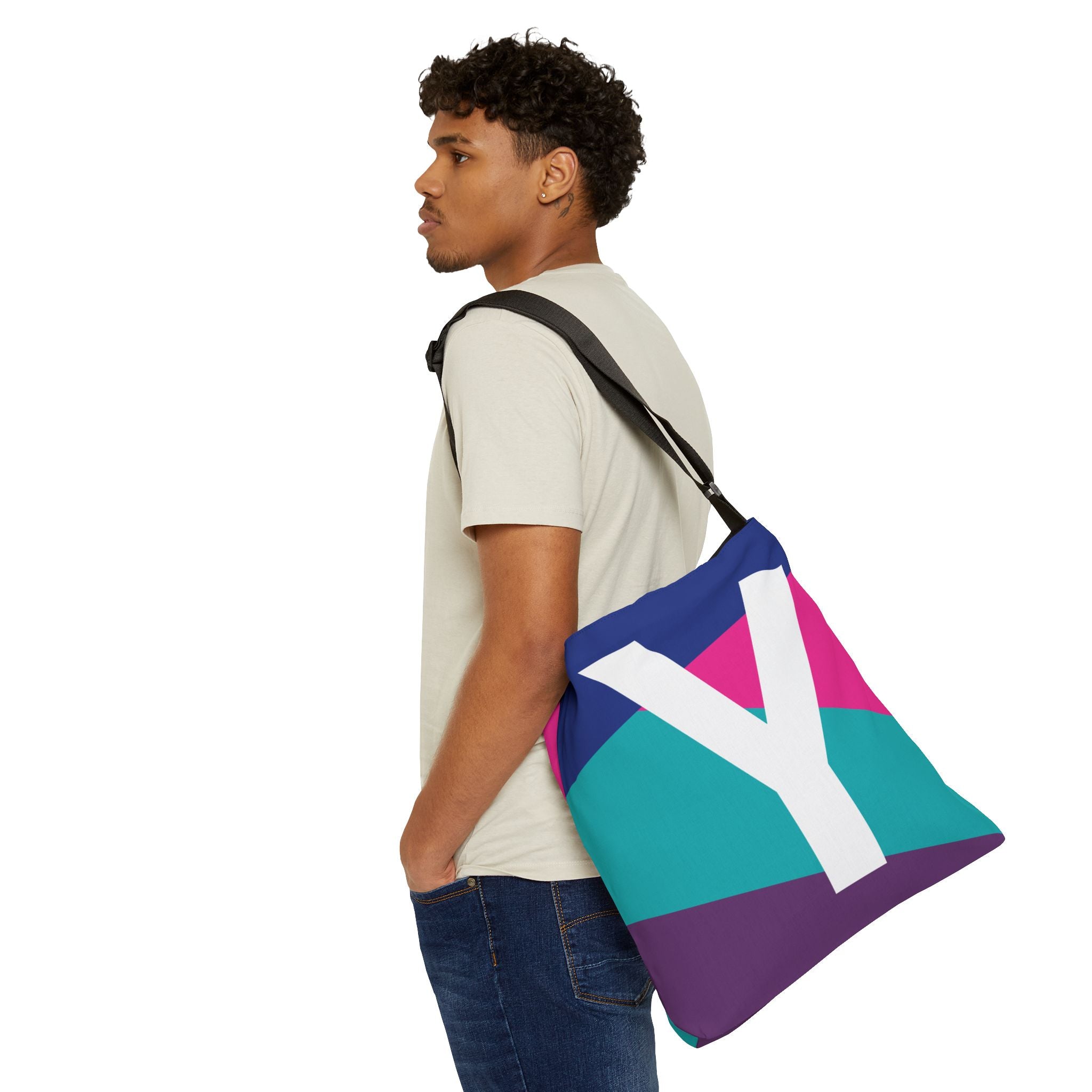 Initial Letter 'Y' Colorblock Adjustable Tote Bag — Monogram Alphabet Shoulder Bag
