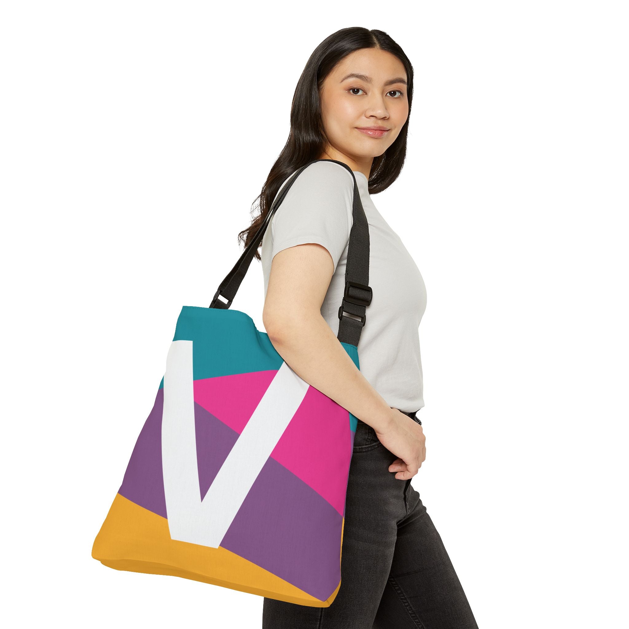 Initial Letter 'V' Colorblock Adjustable Tote Bag — Monogram Alphabet Shoulder Bag