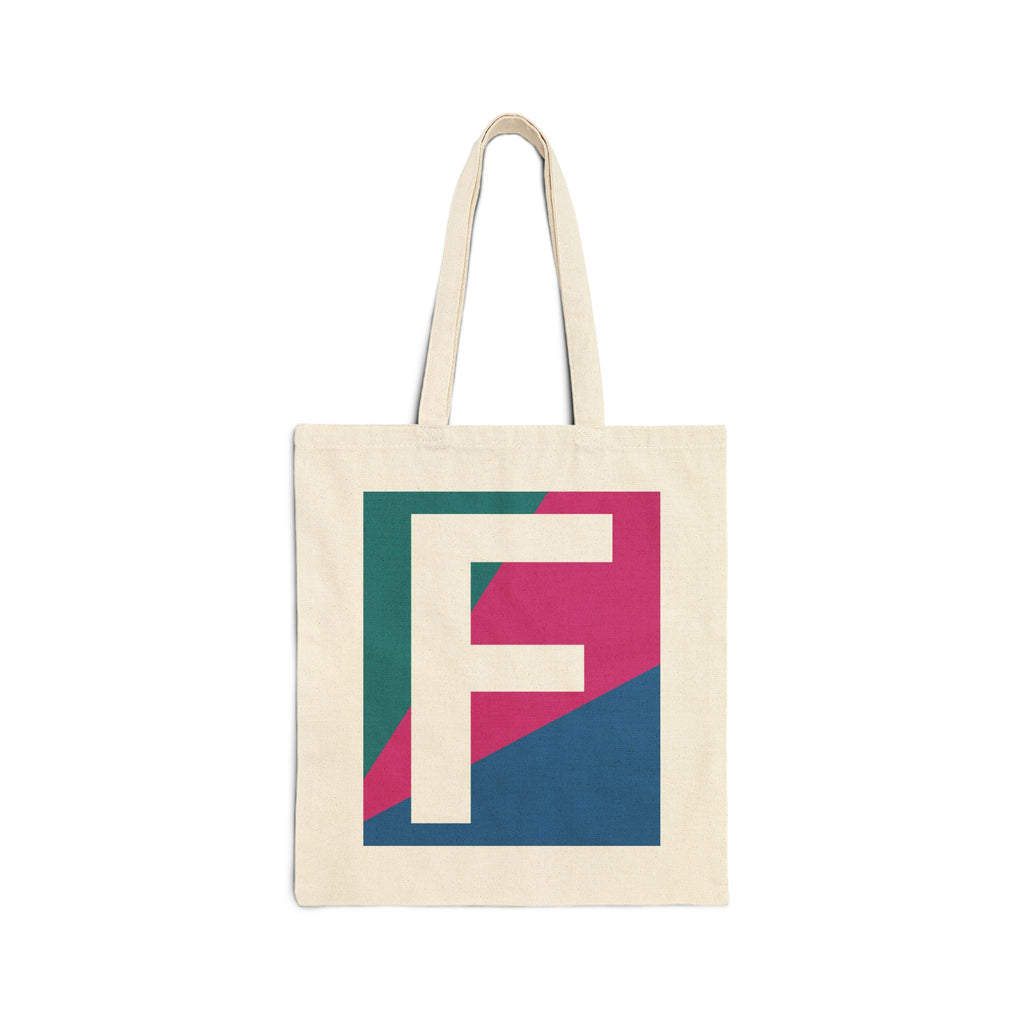 Initial F Colorblock Canvas Tote Bag — Monogram Letter F Reusable Grocery Tote