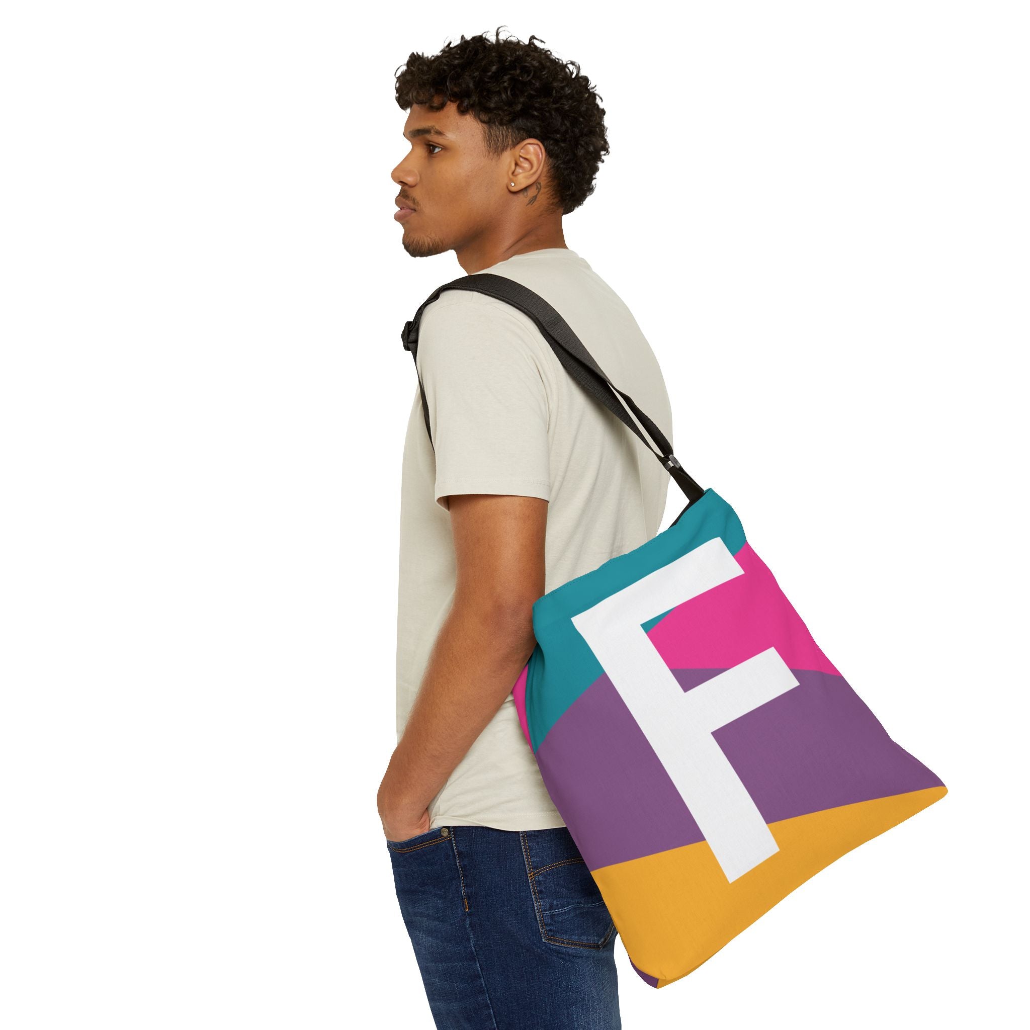 Initial Letter 'F' Colorblock Adjustable Tote Bag — Monogram Alphabet Shoulder Bag