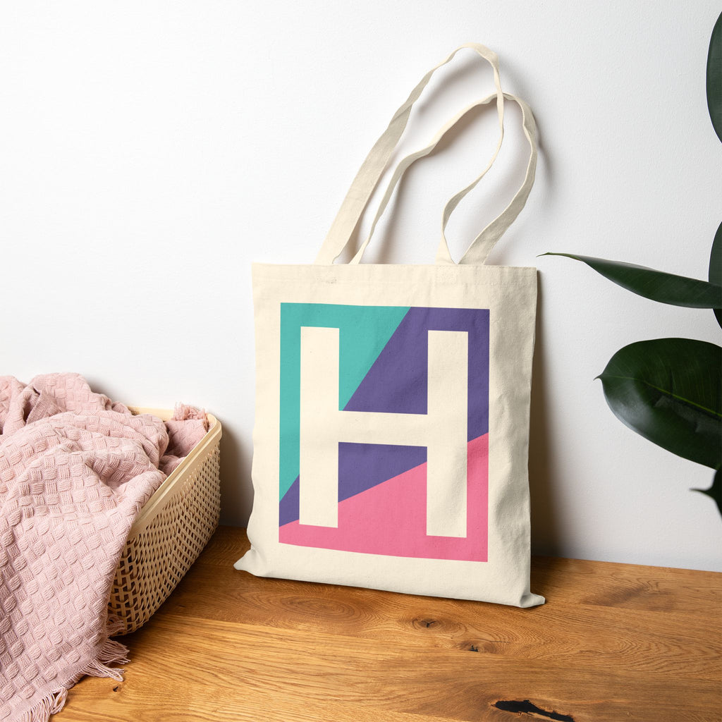 Initial H Colorblock Canvas Tote Bag — Monogram Letter H Reusable Grocery Tote