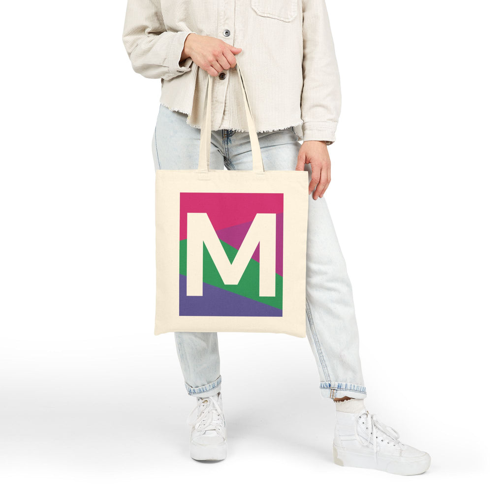 Initial M Colorblock Canvas Tote Bag — Monogram Letter M Reusable Grocery Tote