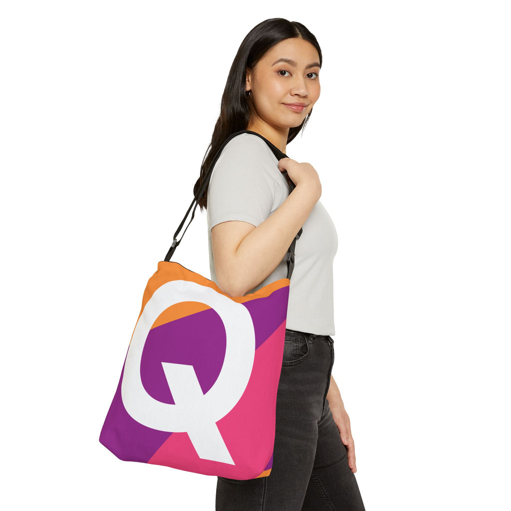 Initial Letter 'Q' Colorblock Adjustable Tote Bag — Monogram Alphabet Shoulder Bag