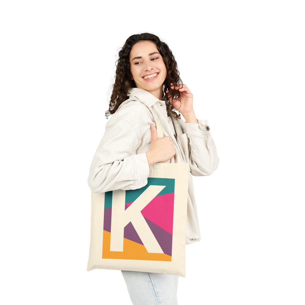 Initial K Colorblock Canvas Tote Bag — Monogram Letter K Reusable Grocery Tote