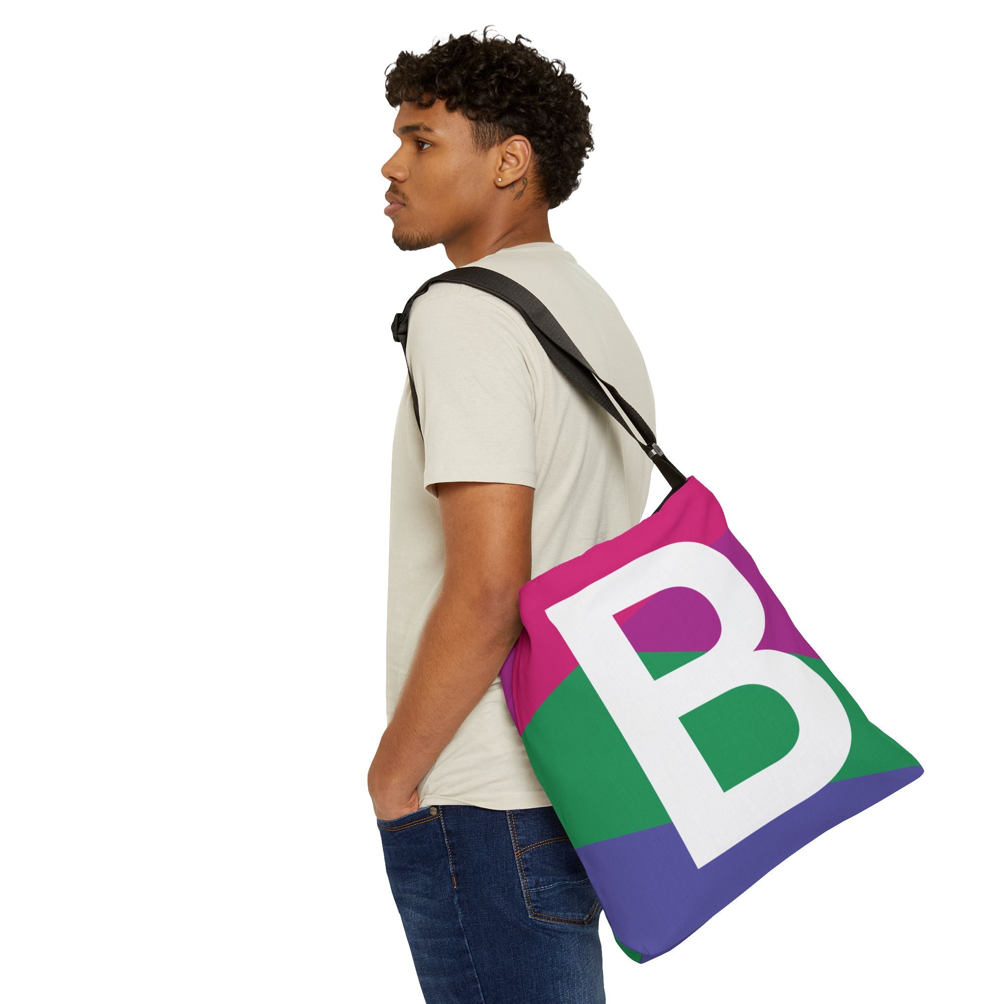 Initial Letter 'B' Colorblock Adjustable Tote Bag — Monogram Alphabet Shoulder Bag