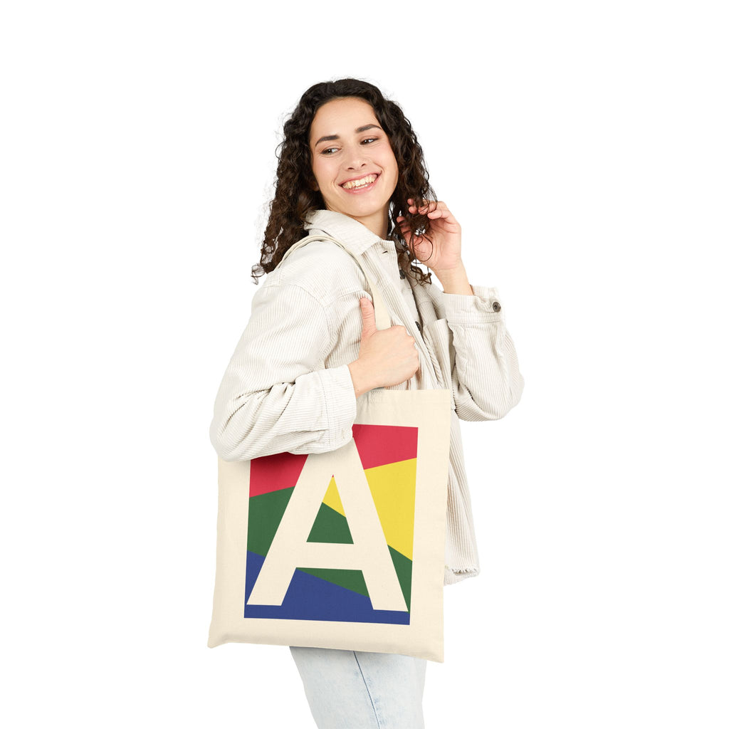 Initial A Colorblock Canvas Tote Bag — Monogram Letter A Reusable Grocery Tote