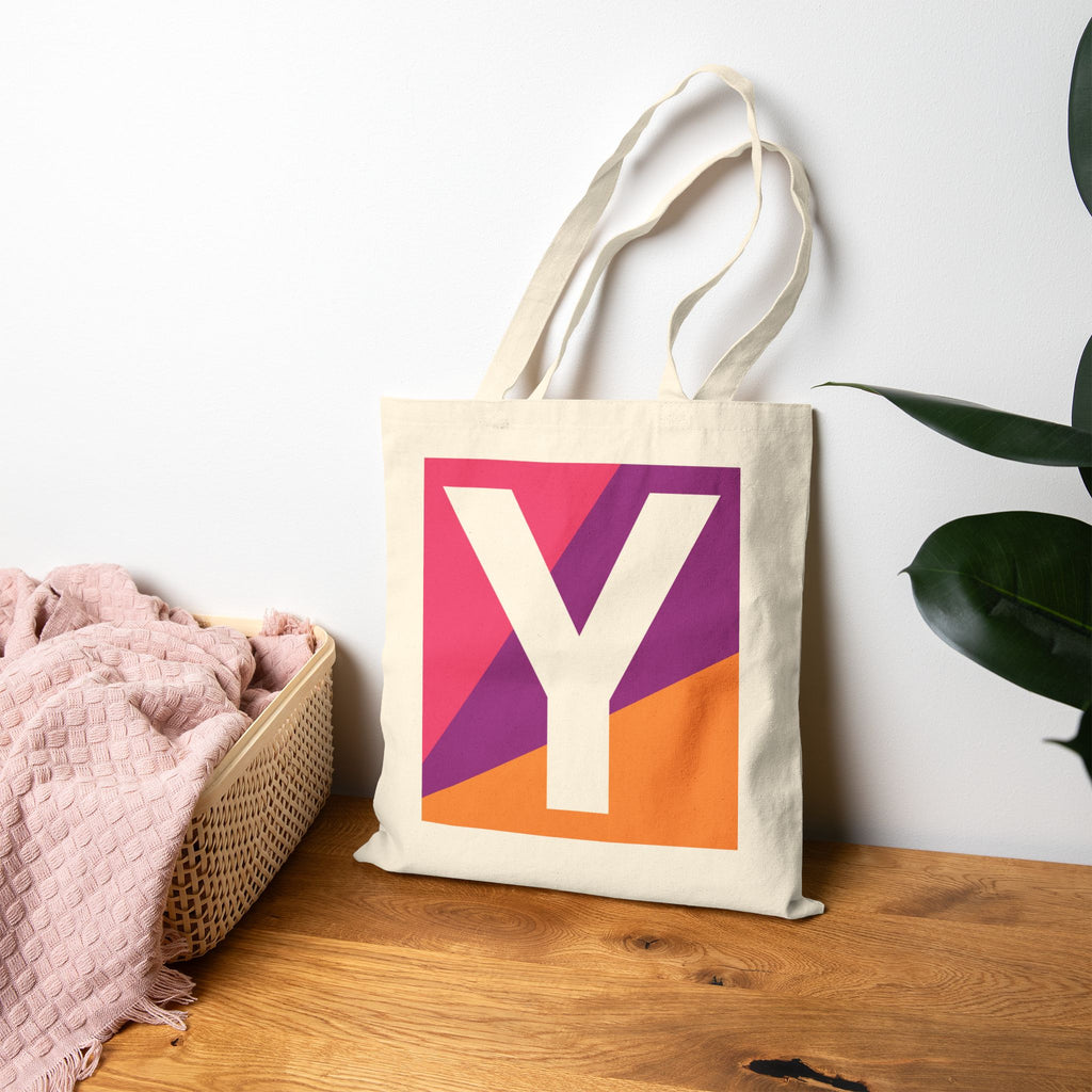 Initial Y Colorblock Canvas Tote Bag — Monogram Letter Y Reusable Grocery Tote