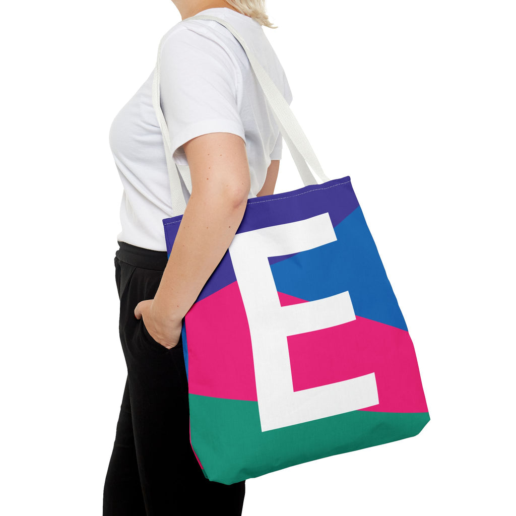 Monogram 'E' Colorblock Tote Bag — Personalized Initial E Shoulder Tote