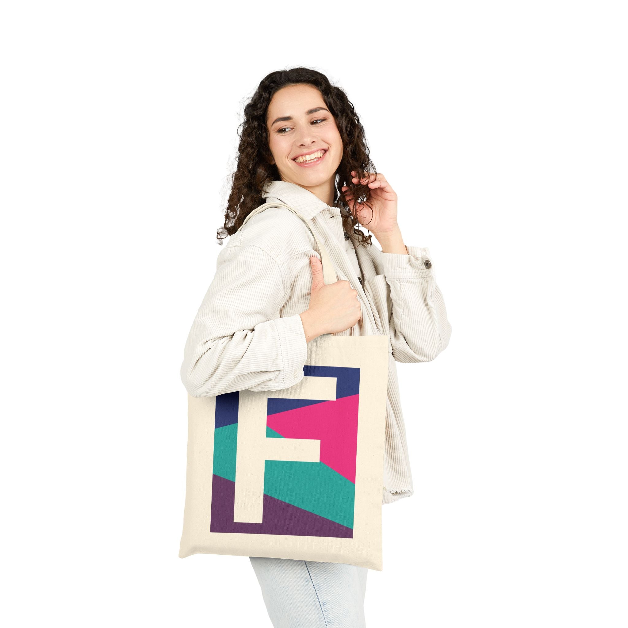 Initial F Colorblock Canvas Tote Bag — Monogram Letter F Reusable Grocery Tote