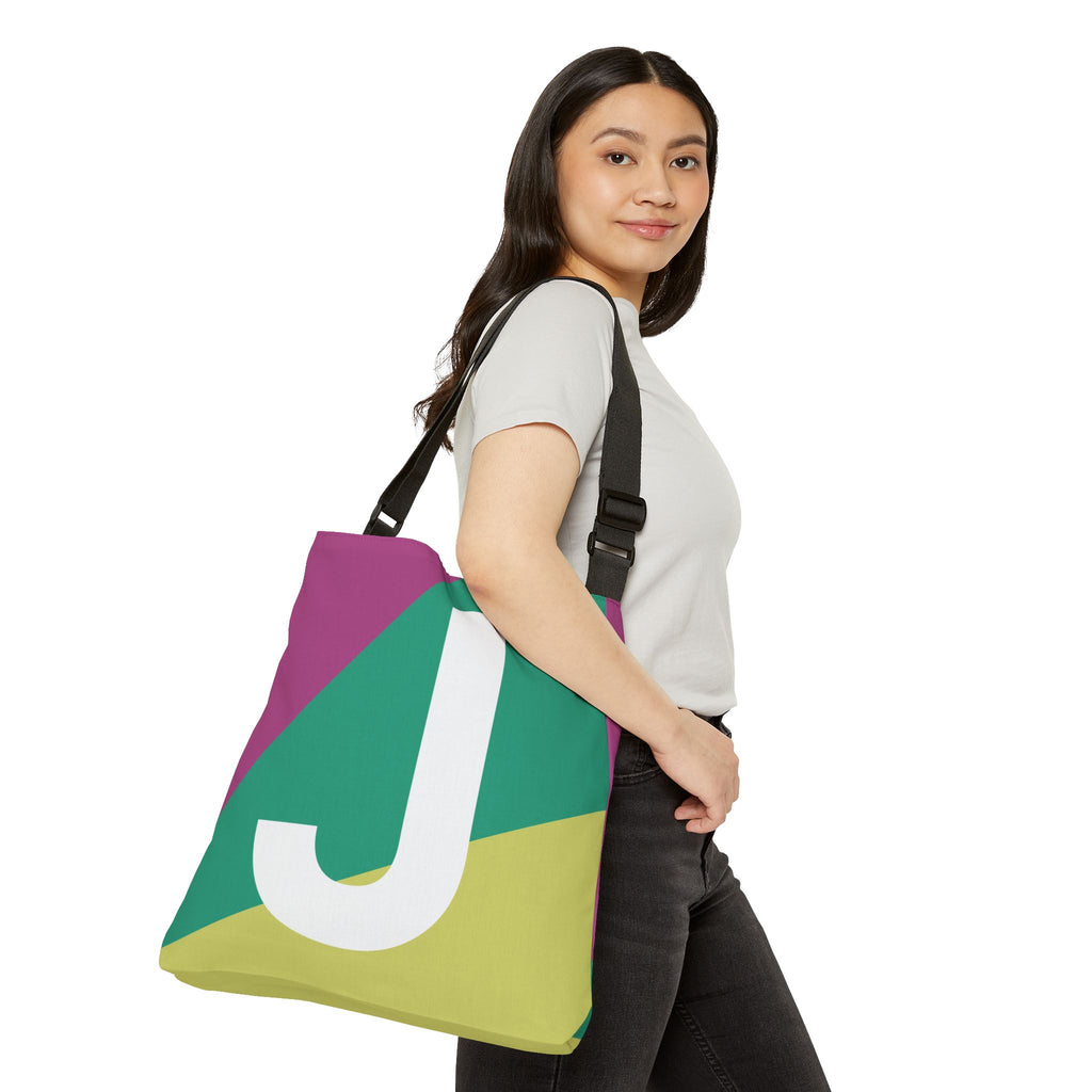 Initial Letter 'J' Colorblock Adjustable Tote Bag — Monogram Alphabet Shoulder Bag
