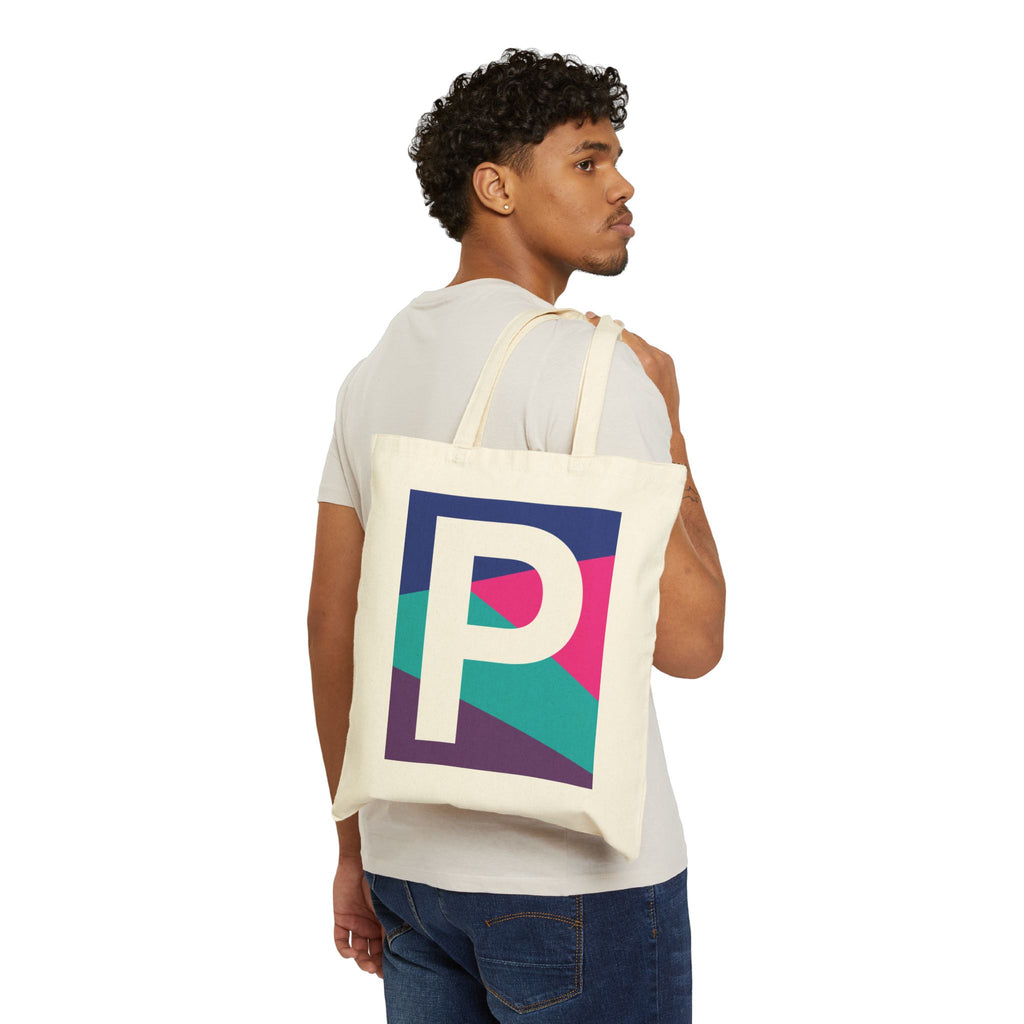 Initial P Colorblock Canvas Tote Bag — Monogram Letter P Reusable Grocery Tote