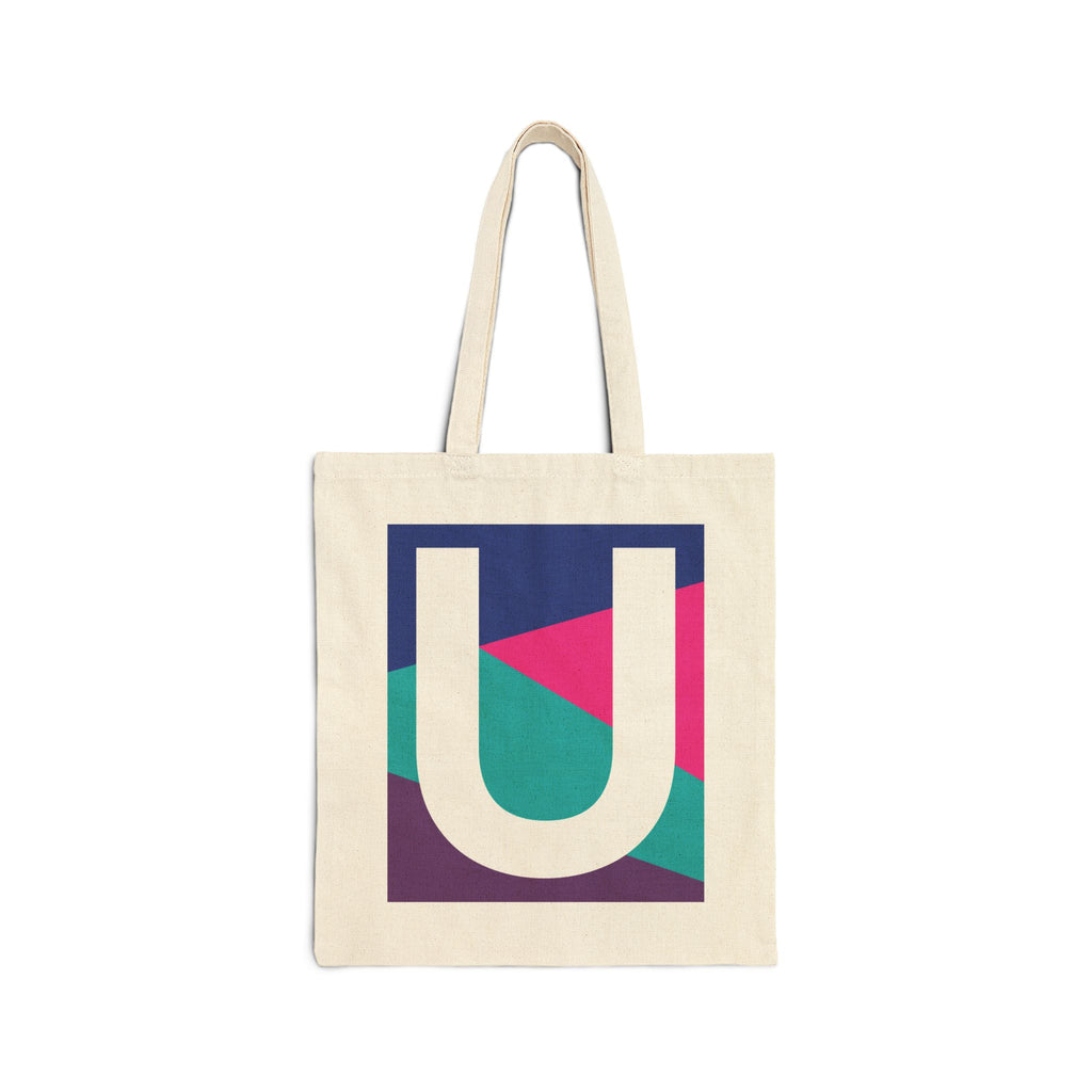 Initial U Colorblock Canvas Tote Bag — Monogram Letter U Reusable Grocery Tote