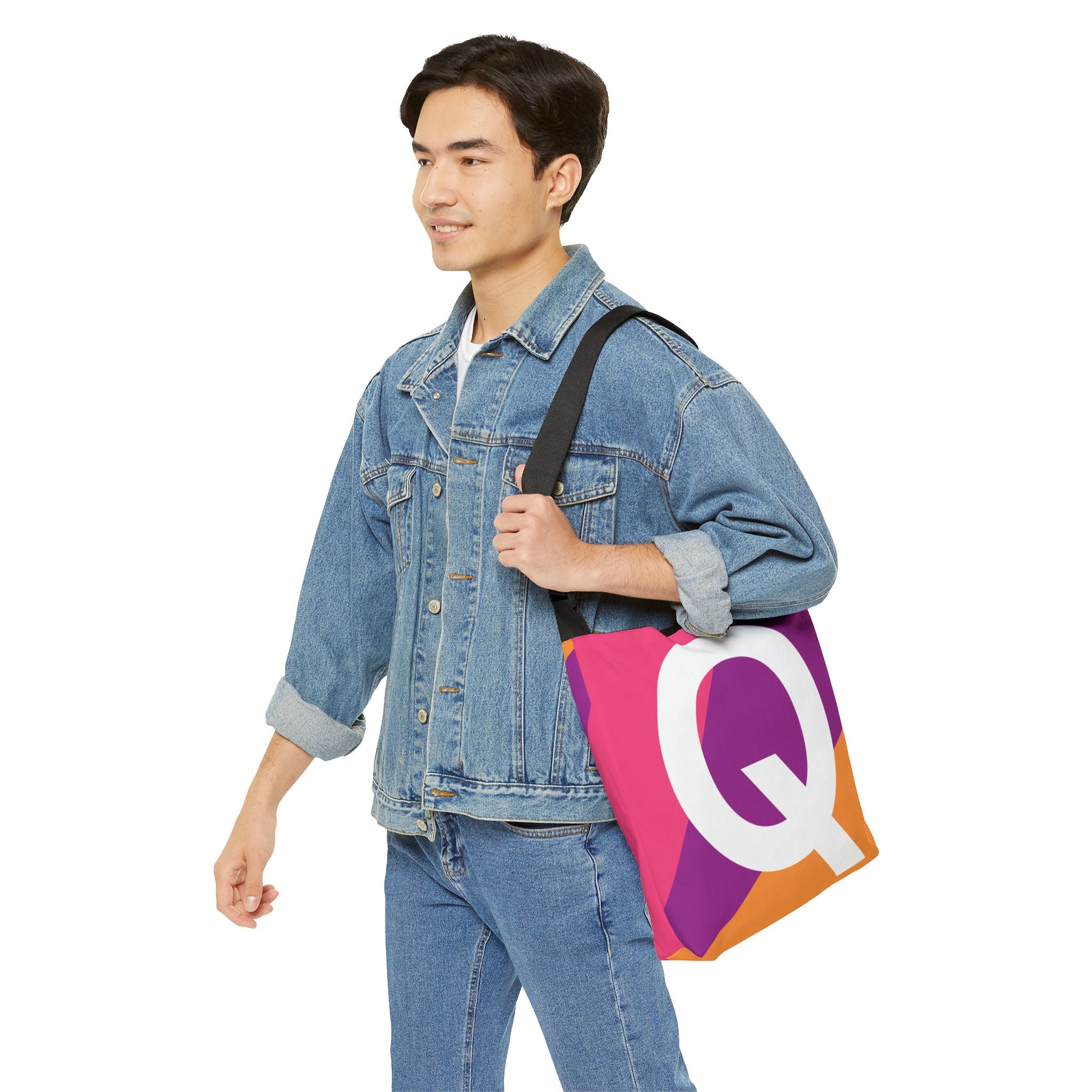 Initial Letter 'Q' Colorblock Adjustable Tote Bag — Monogram Alphabet Shoulder Bag