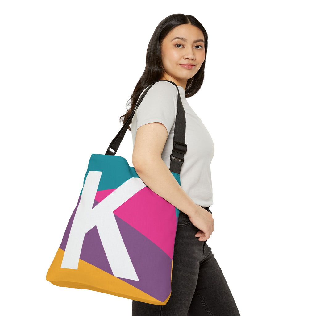 Initial Letter 'K' Colorblock Adjustable Tote Bag — Monogram Alphabet Shoulder Bag