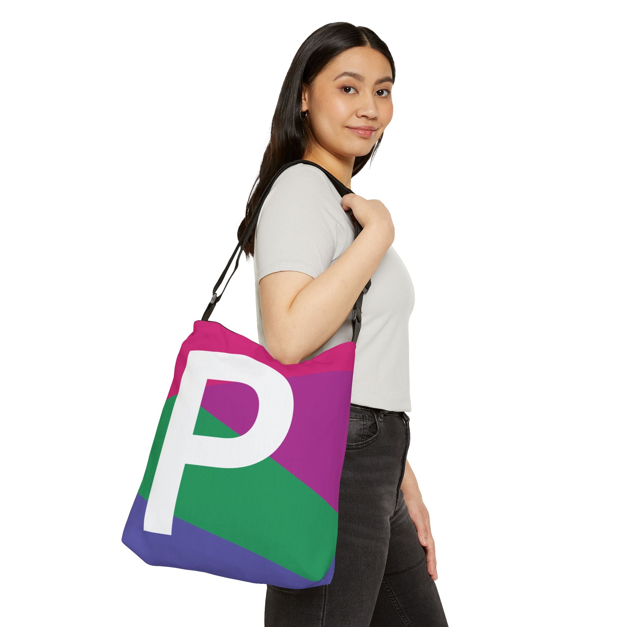 Initial Letter 'P' Colorblock Adjustable Tote Bag — Monogram Alphabet Shoulder Bag
