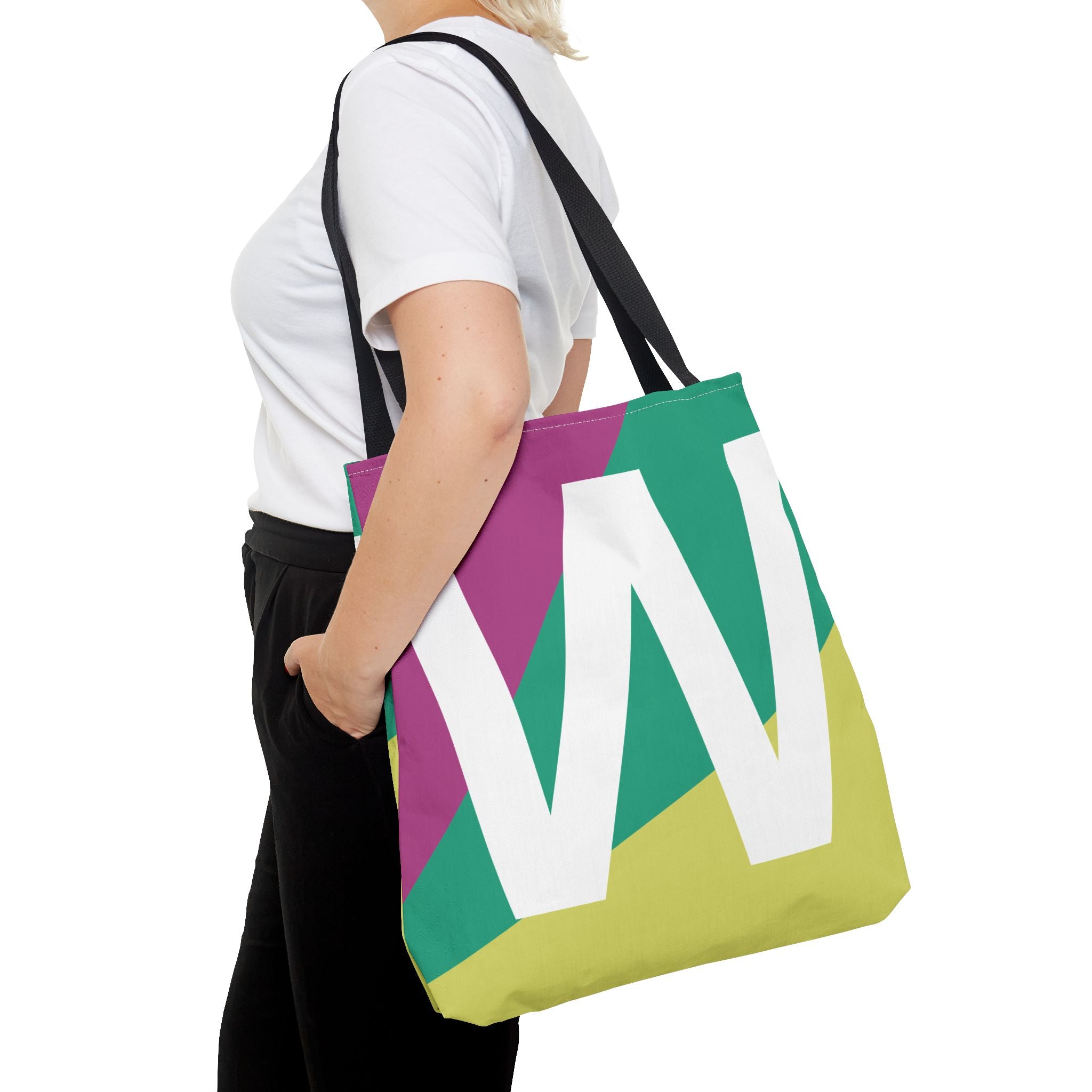 Monogram 'W' Colorblock Tote Bag — Personalized Initial W Shoulder Tote