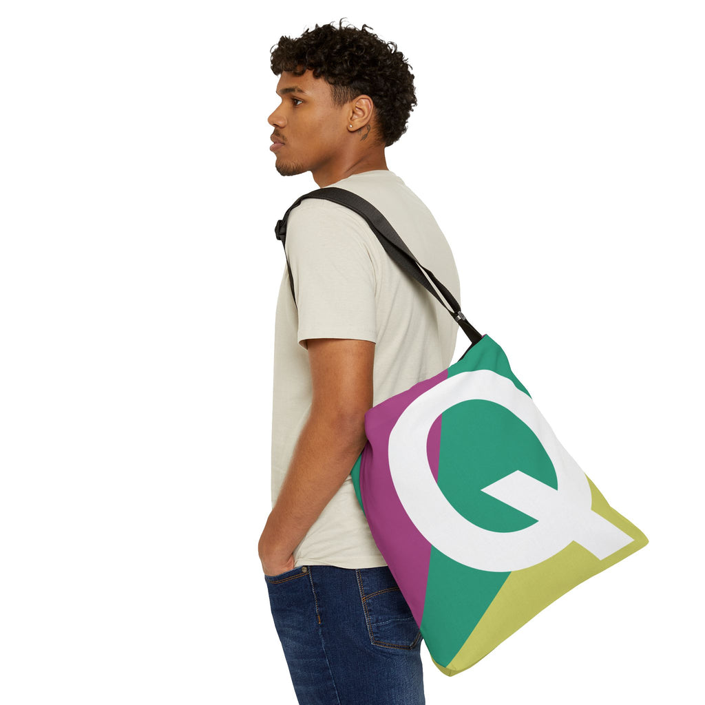 Initial Letter 'Q' Colorblock Adjustable Tote Bag — Monogram Alphabet Shoulder Bag