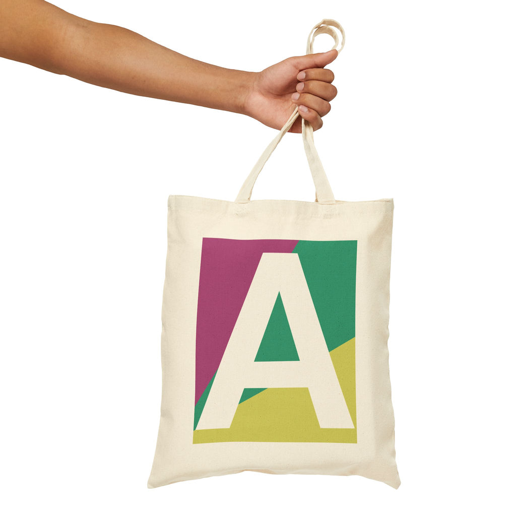 Initial A Colorblock Canvas Tote Bag — Monogram Letter A Reusable Grocery Tote