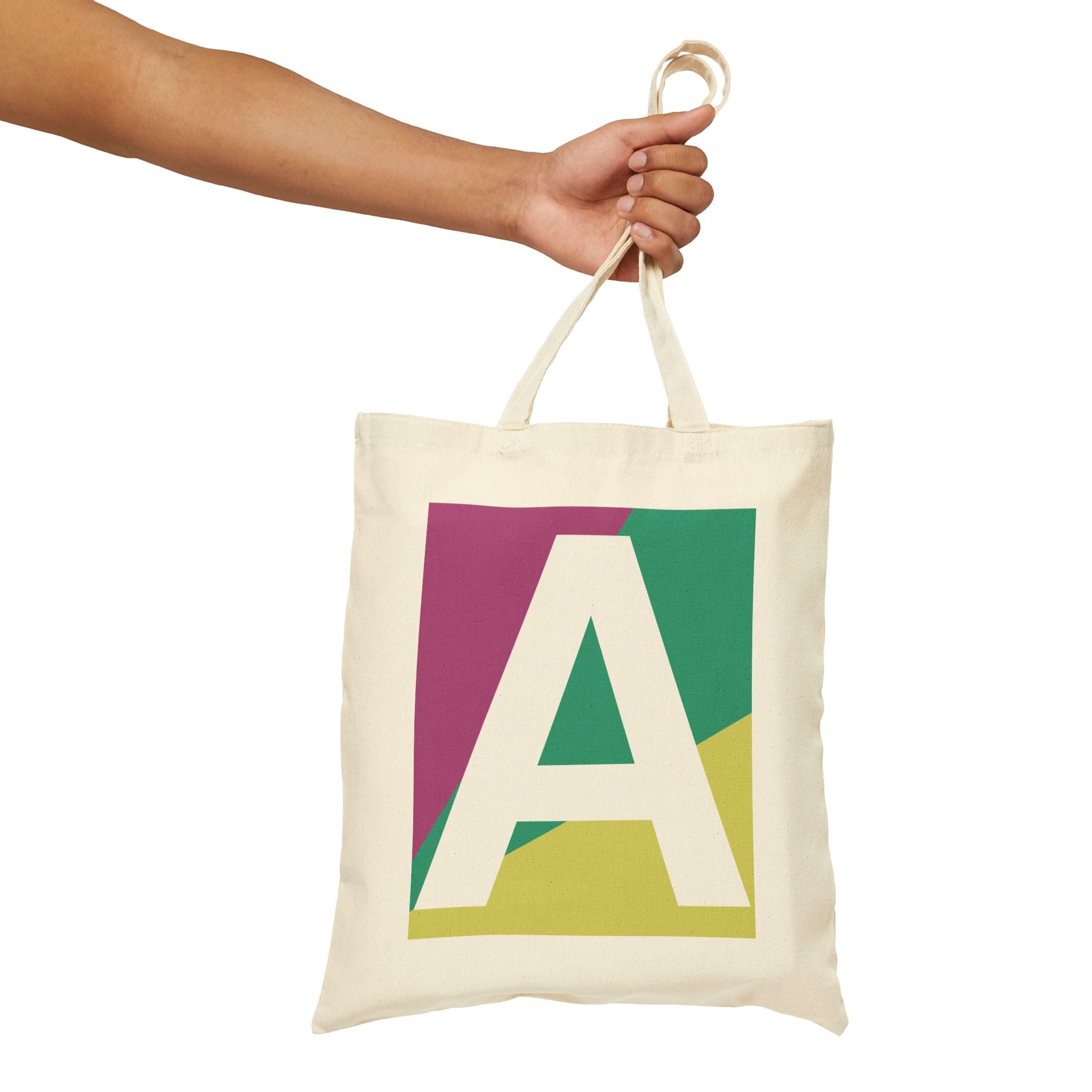 Initial A Colorblock Canvas Tote Bag — Monogram Letter A Reusable Grocery Tote