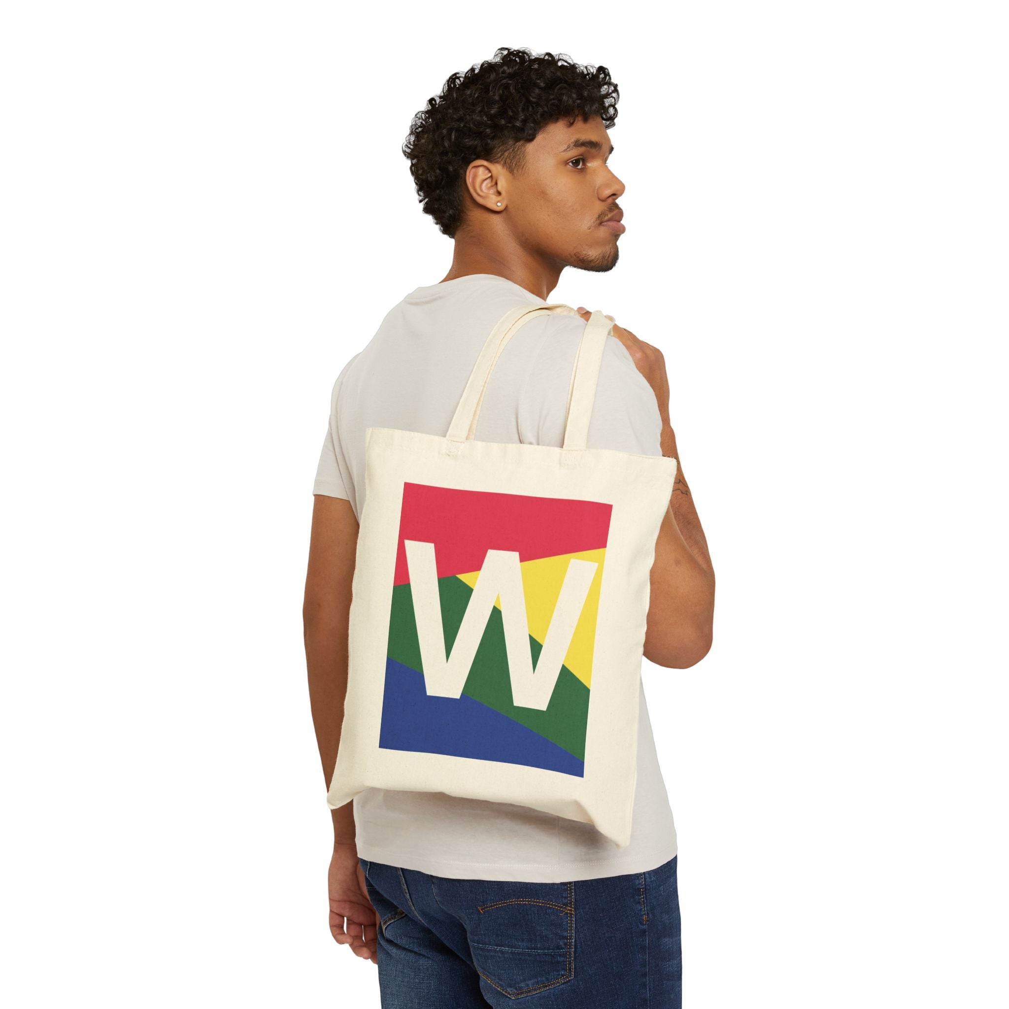 Initial W Colorblock Canvas Tote Bag — Monogram Letter W Reusable Grocery Tote