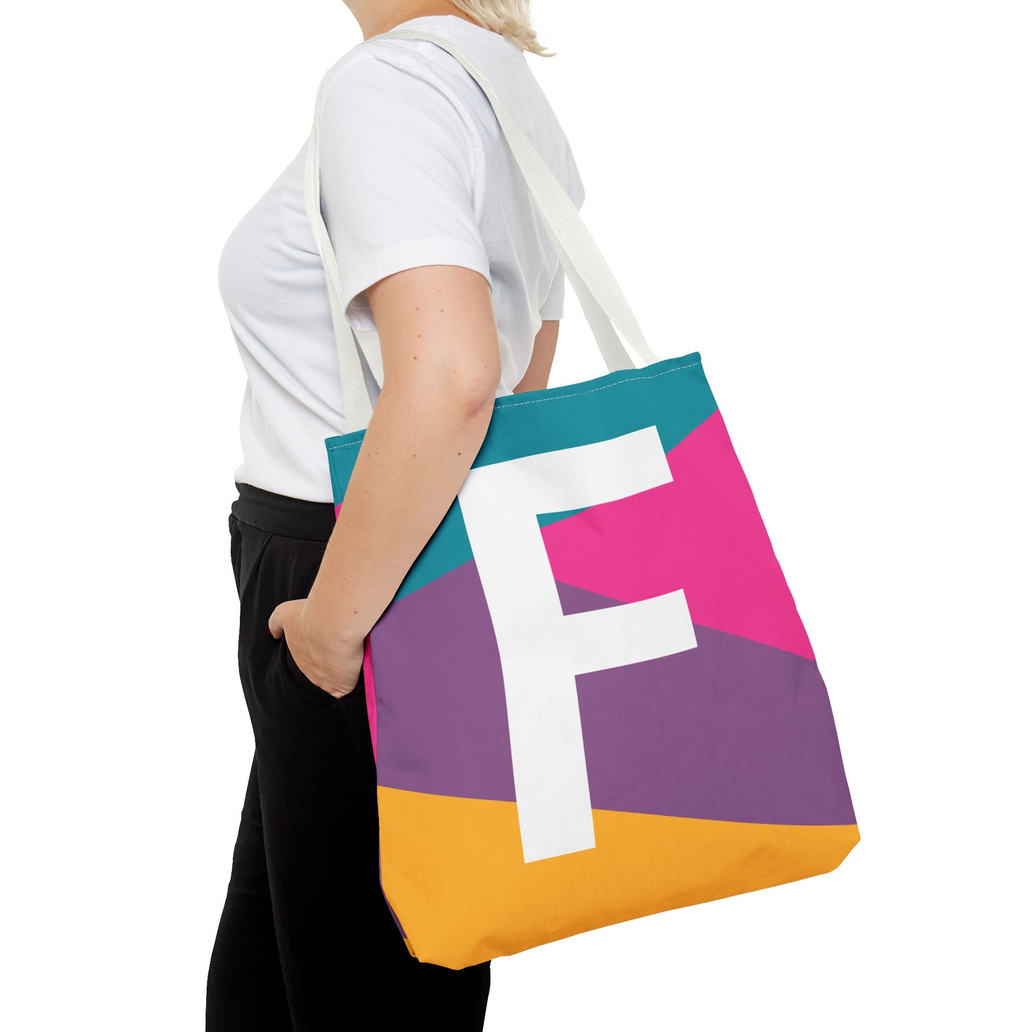Monogram 'F' Colorblock Tote Bag — Personalized Initial F Shoulder Tote