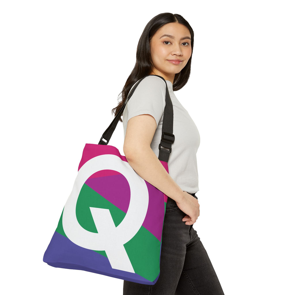 Initial Letter 'Q' Colorblock Adjustable Tote Bag — Monogram Alphabet Shoulder Bag