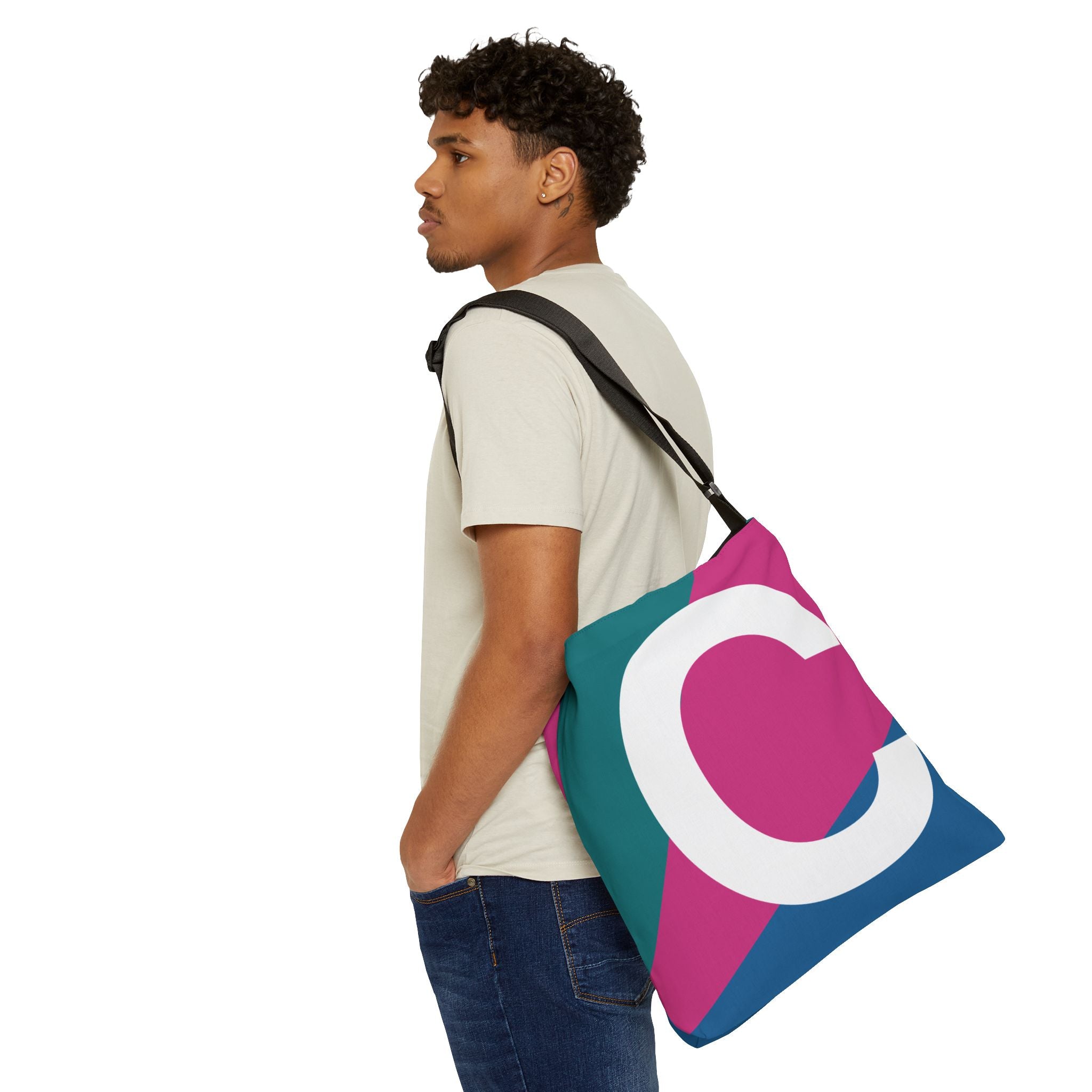 Initial Letter 'C' Colorblock Adjustable Tote Bag — Monogram Alphabet Shoulder Bag