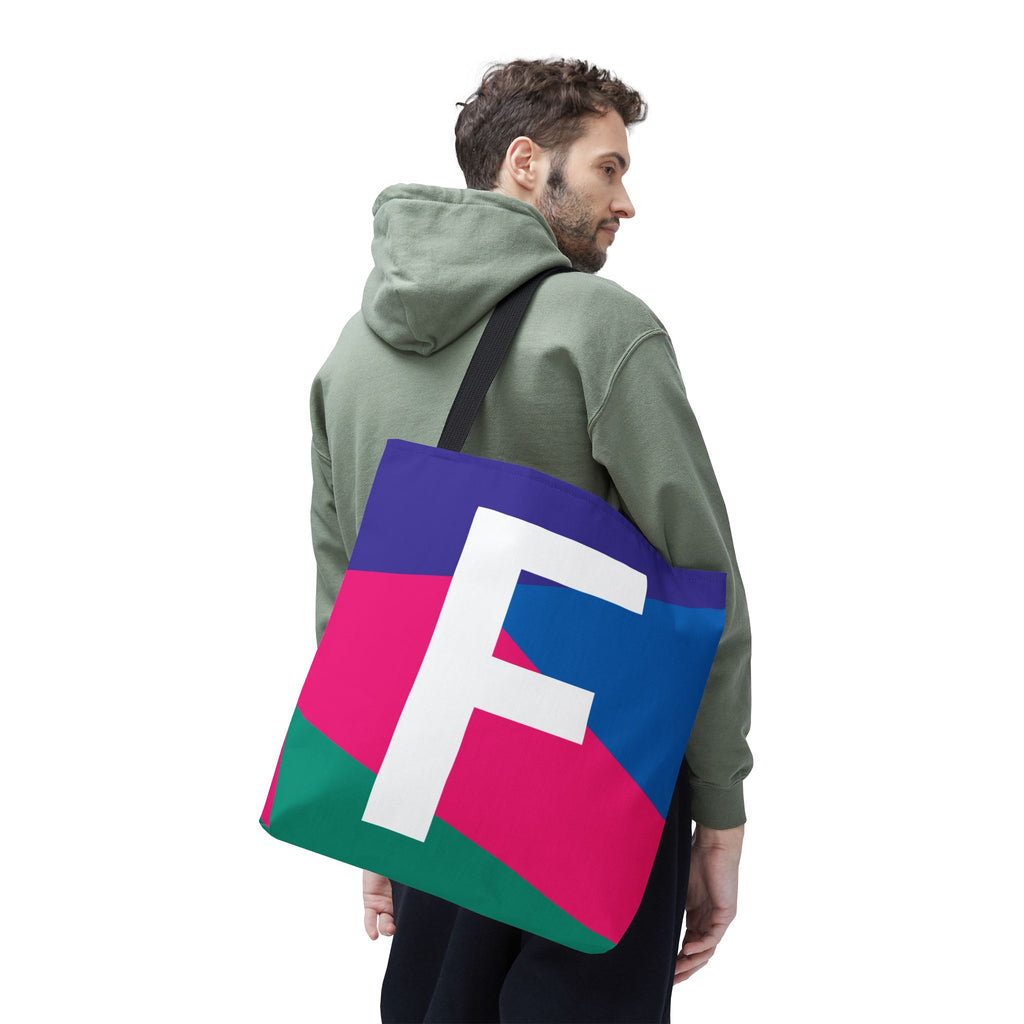 Monogram 'F' Colorblock Tote Bag — Personalized Initial F Shoulder Tote