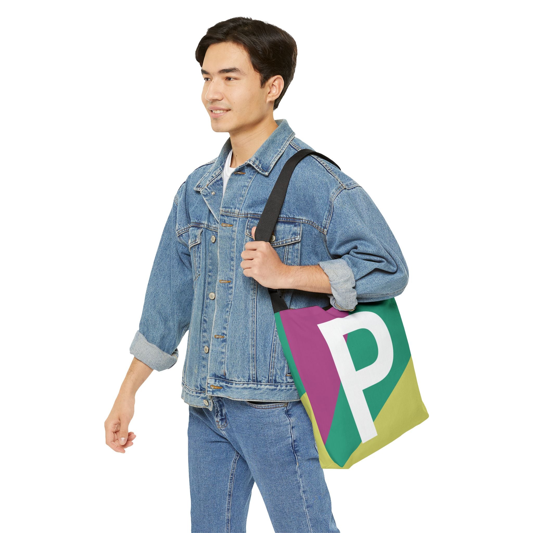 Initial Letter 'P' Colorblock Adjustable Tote Bag — Monogram Alphabet Shoulder Bag