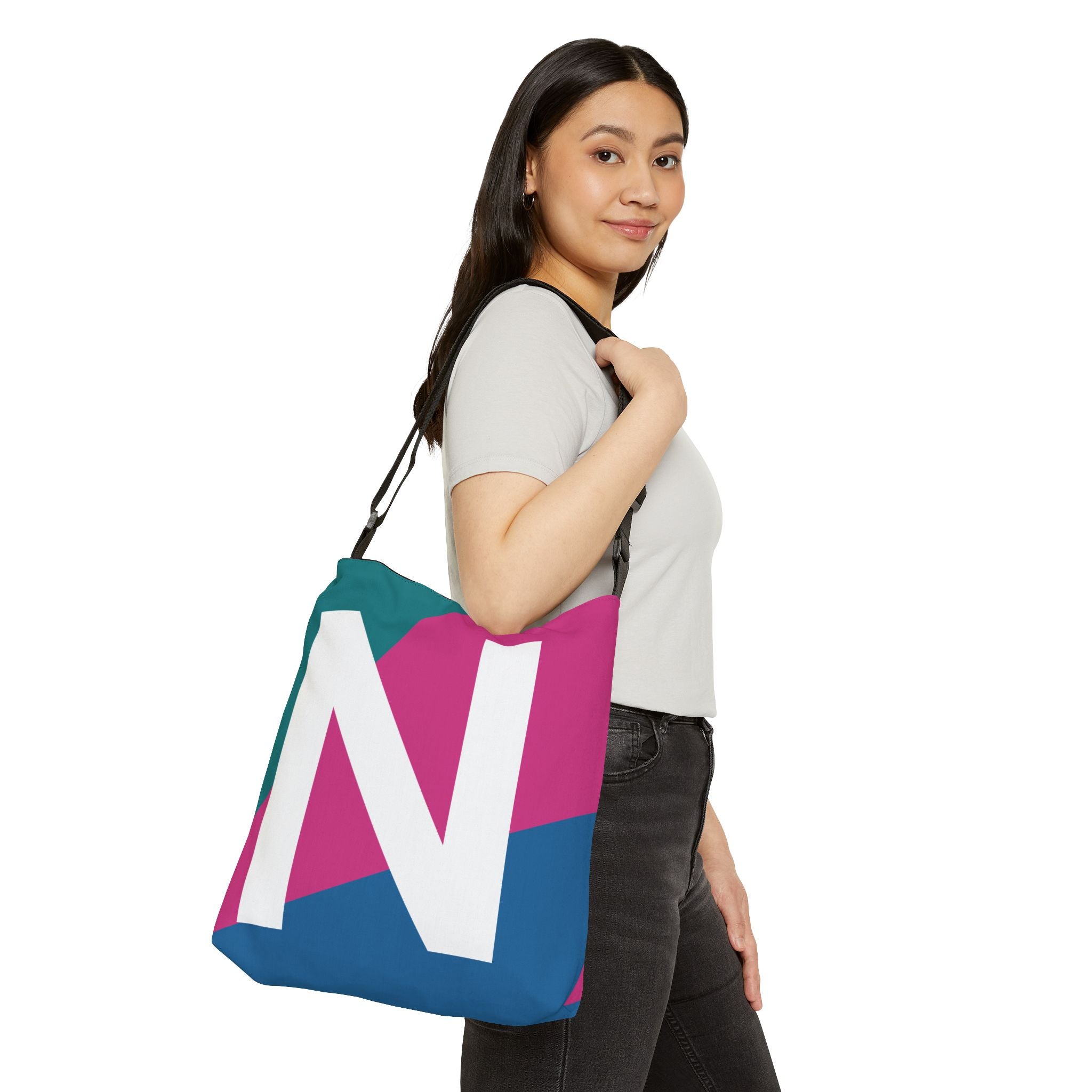 Initial Letter 'N' Colorblock Adjustable Tote Bag — Monogram Alphabet Shoulder Bag