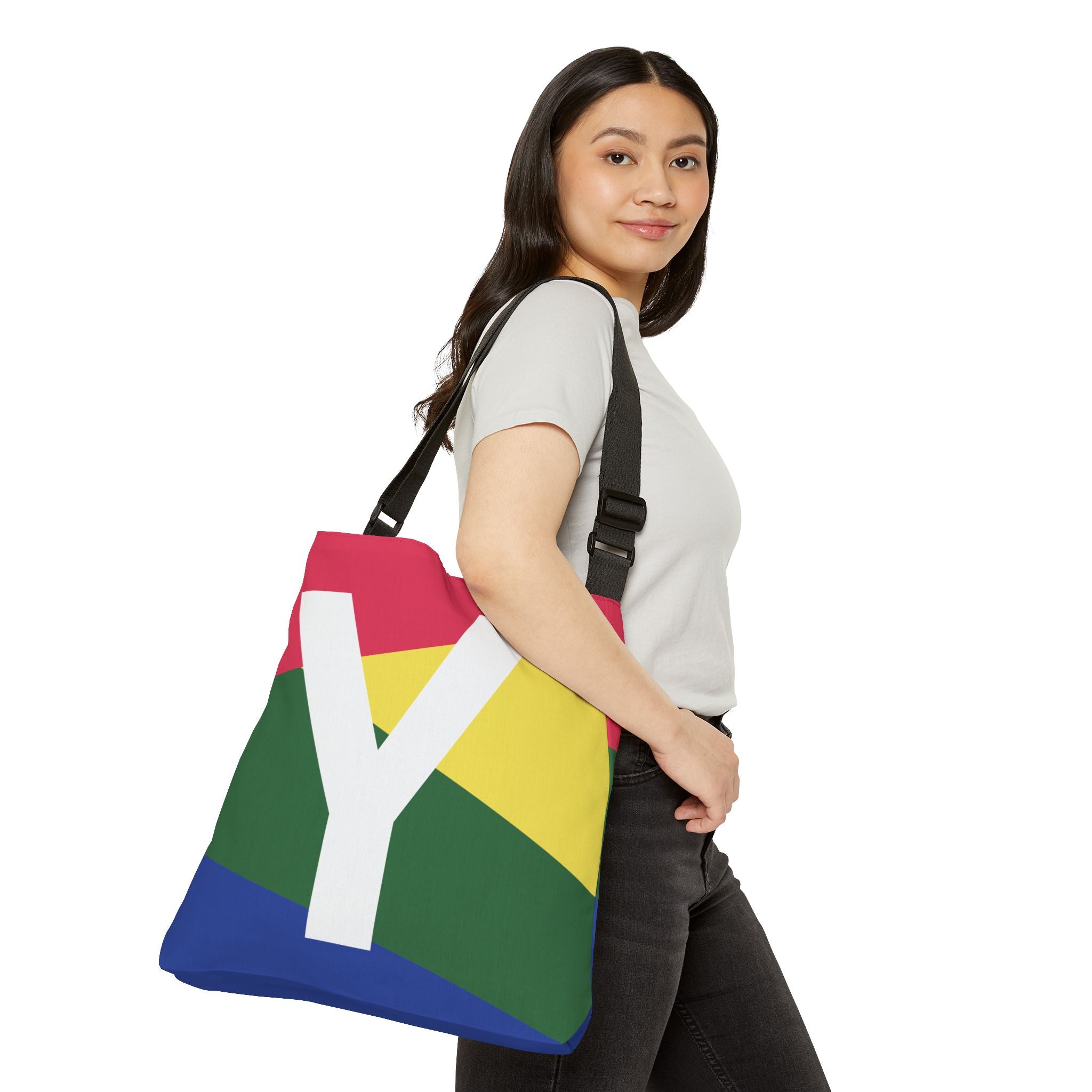 Initial Letter 'Y' Colorblock Adjustable Tote Bag — Monogram Alphabet Shoulder Bag