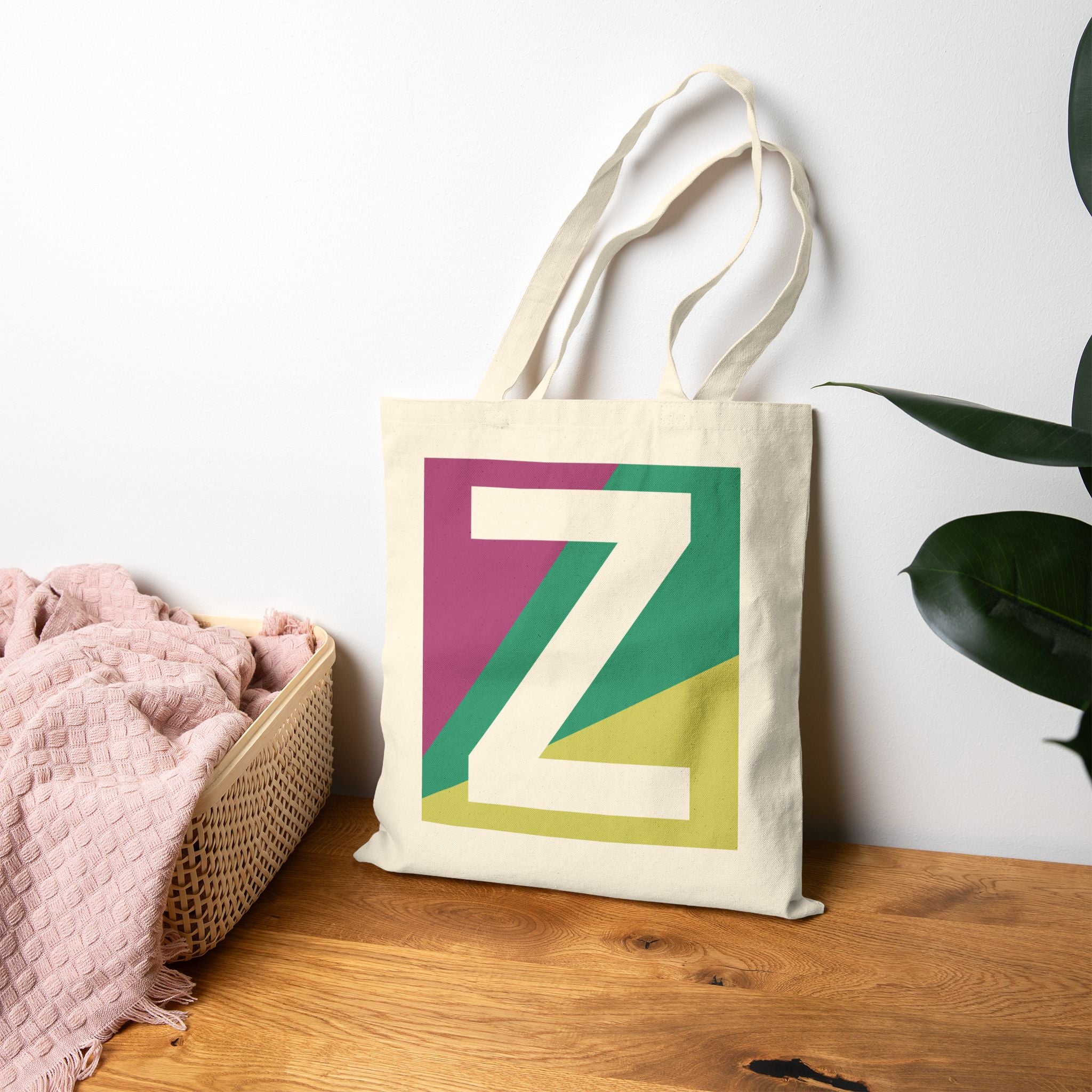 Initial Z Colorblock Canvas Tote Bag — Monogram Letter Z Reusable Grocery Tote