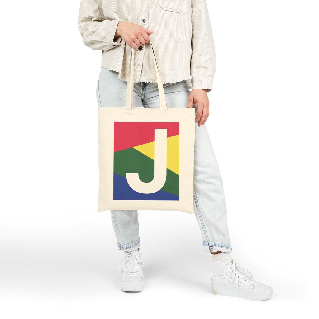 Initial J Colorblock Canvas Tote Bag — Monogram Letter J Reusable Grocery Tote