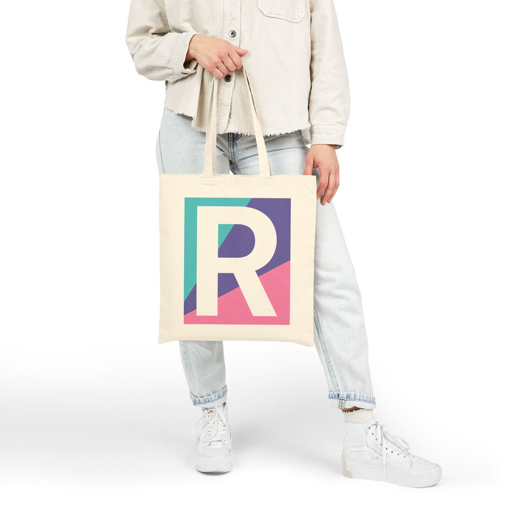 Initial R Colorblock Canvas Tote Bag — Monogram Letter R Reusable Grocery Tote