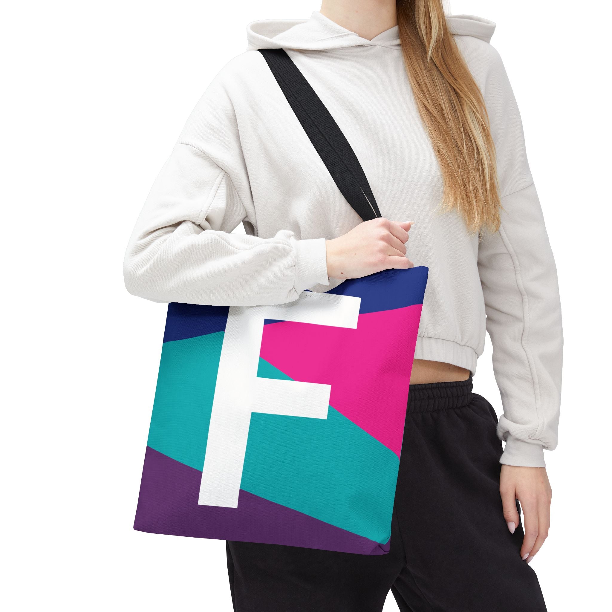 Monogram 'F' Colorblock Tote Bag — Personalized Initial F Shoulder Tote