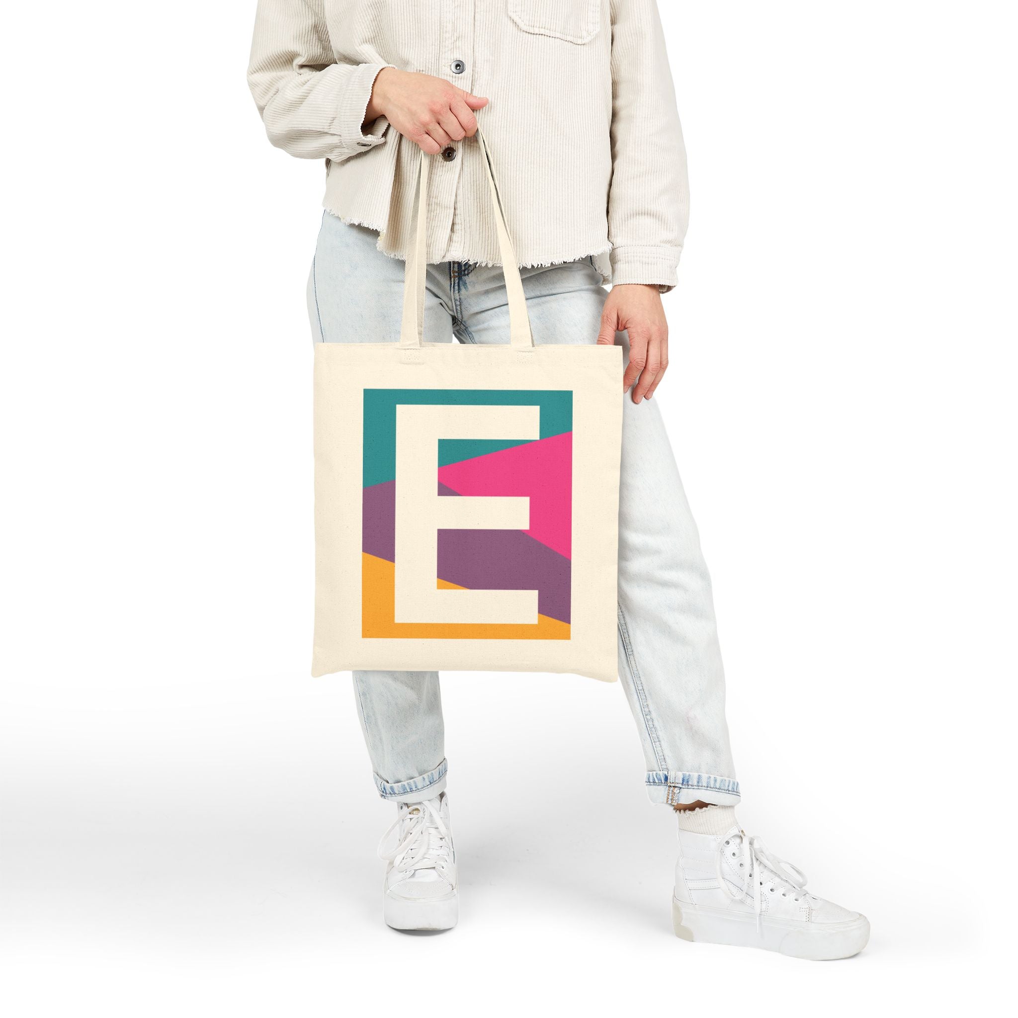 Initial E Colorblock Canvas Tote Bag — Monogram Letter E Reusable Grocery Tote