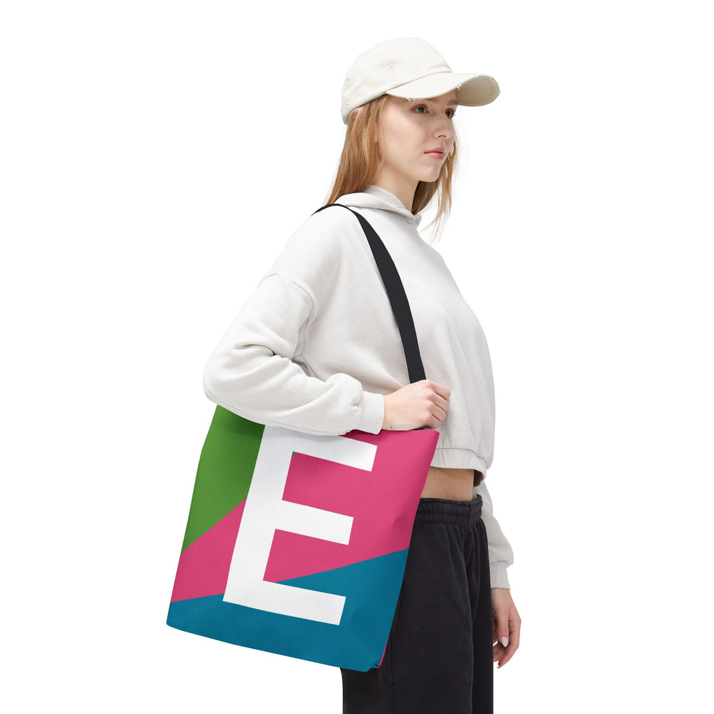 Monogram 'E' Colorblock Tote Bag — Personalized Initial E Shoulder Tote