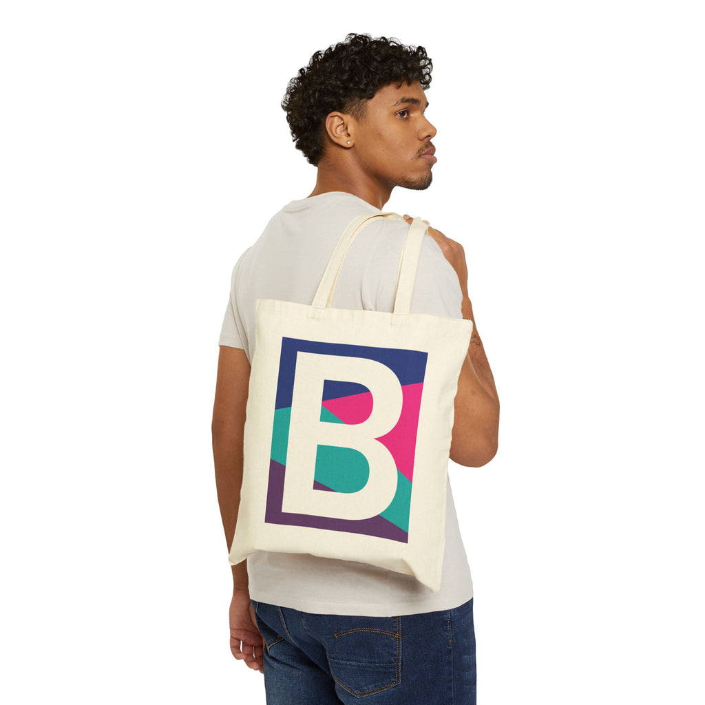 Initial B Colorblock Canvas Tote Bag — Monogram Letter B Reusable Grocery Tote