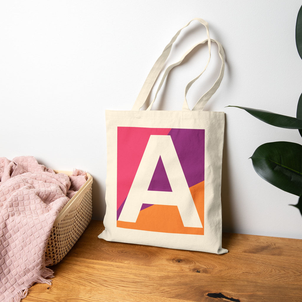 Initial A Colorblock Canvas Tote Bag — Monogram Letter A Reusable Grocery Tote