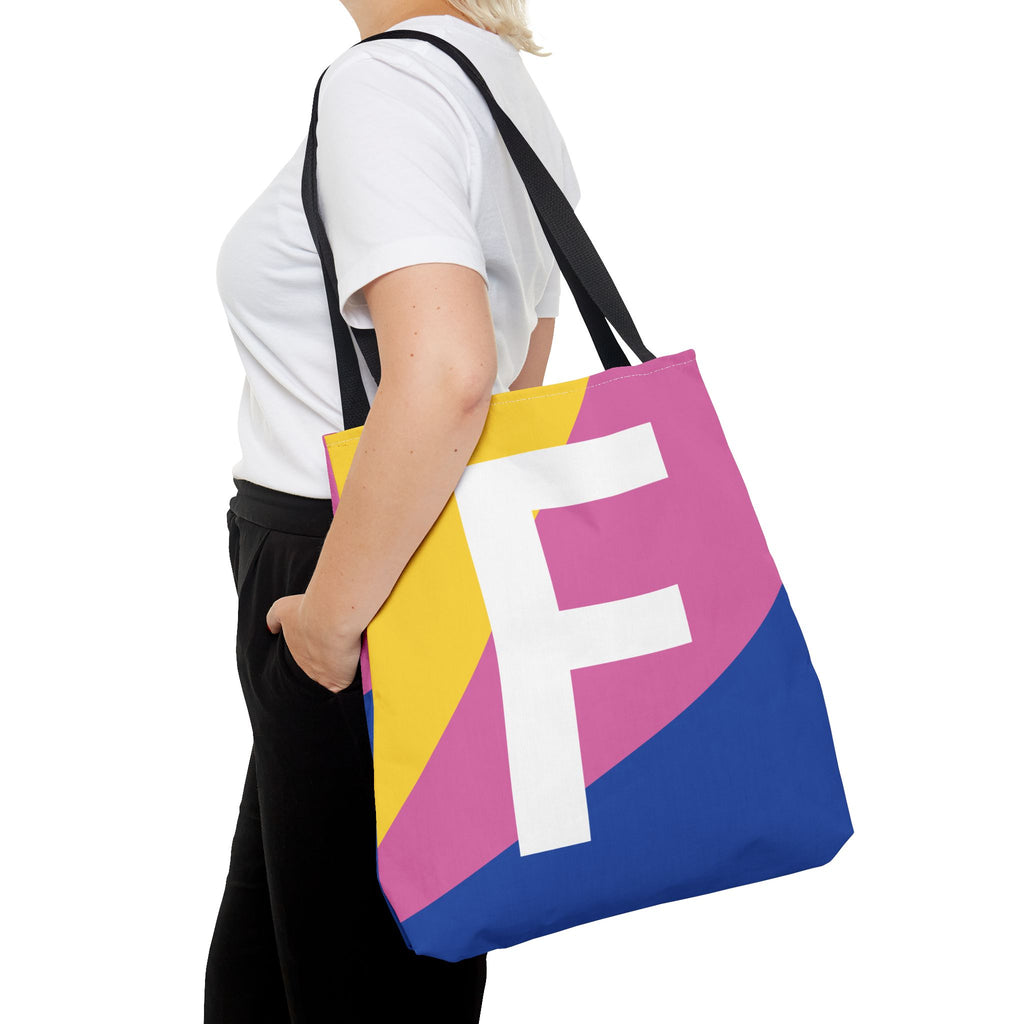 Monogram 'F' Colorblock Tote Bag — Personalized Initial F Shoulder Tote