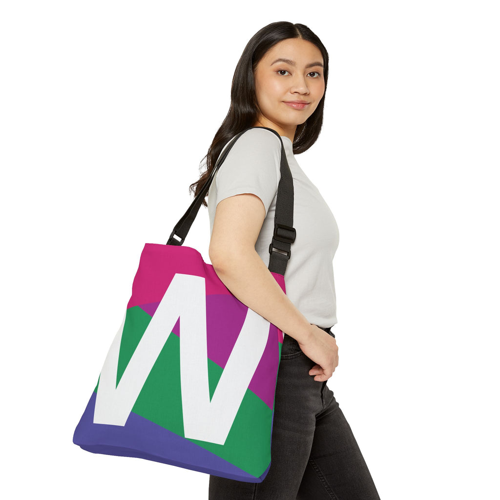 Initial Letter 'W' Colorblock Adjustable Tote Bag — Monogram Alphabet Shoulder Bag