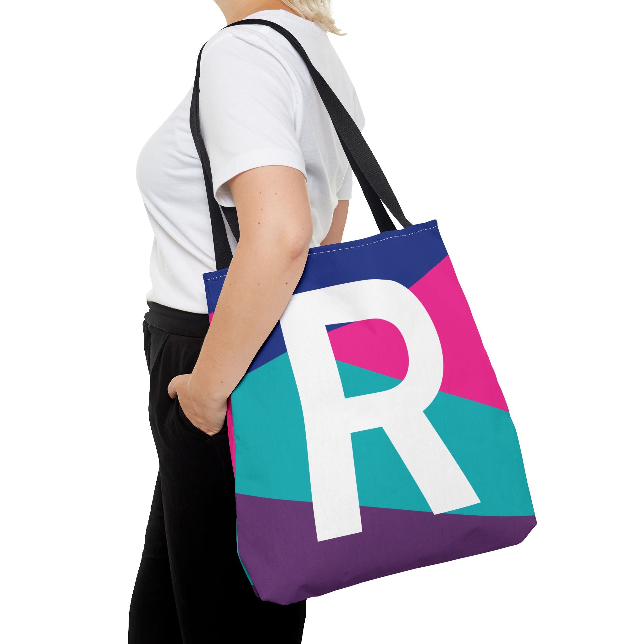 Monogram 'R' Colorblock Tote Bag — Personalized Initial R Shoulder Tote