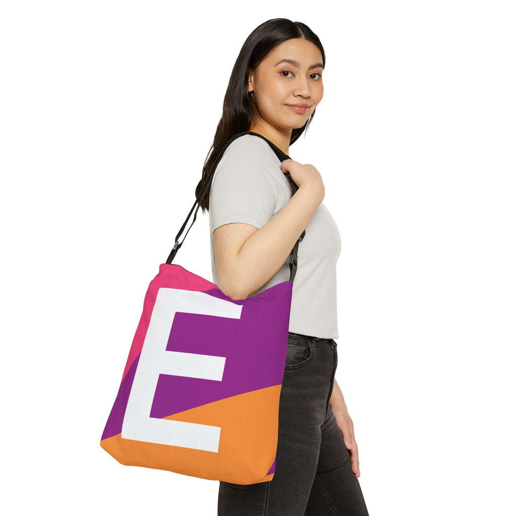 Initial Letter 'E' Colorblock Adjustable Tote Bag — Monogram Alphabet Shoulder Bag