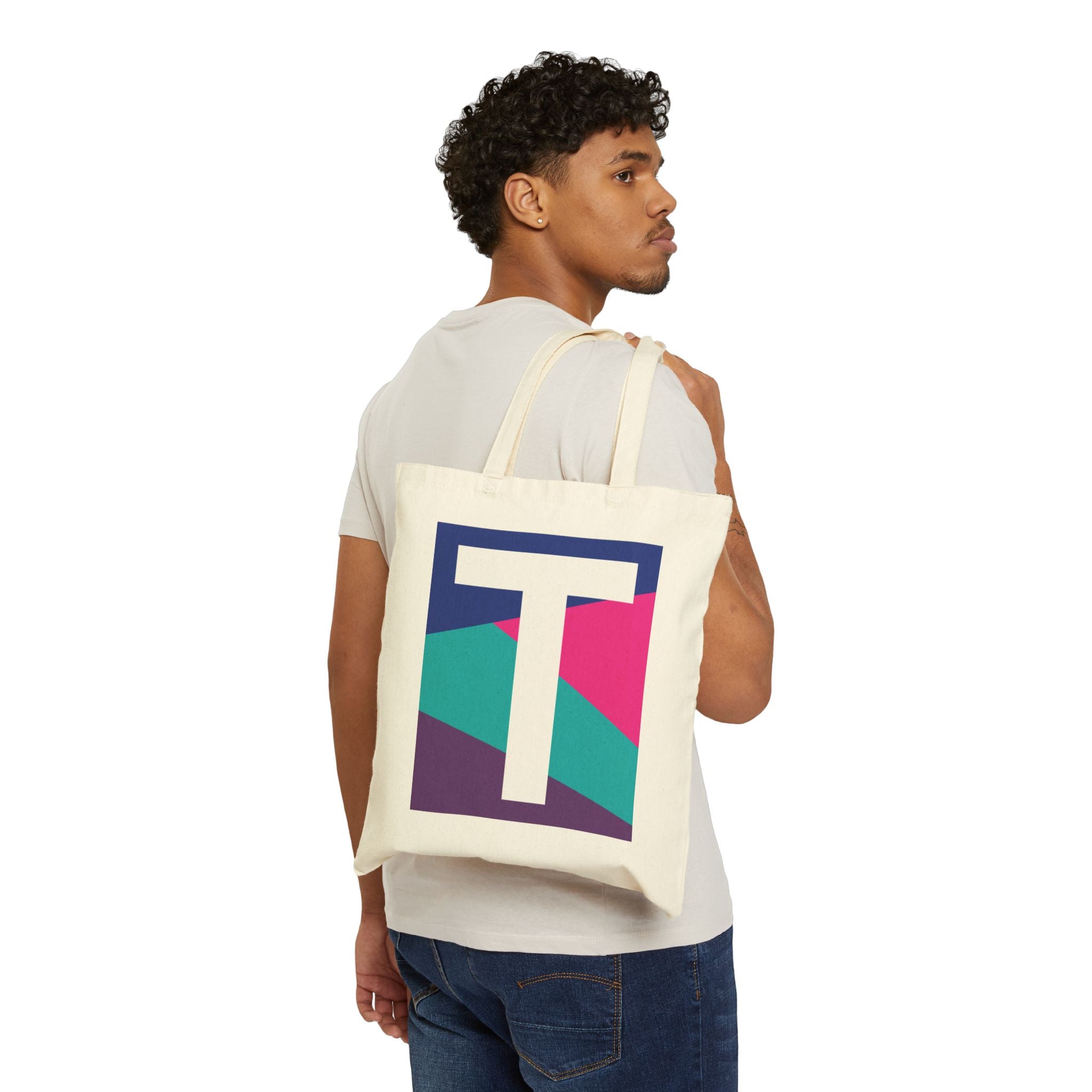 Initial T Colorblock Canvas Tote Bag — Monogram Letter T Reusable Grocery Tote