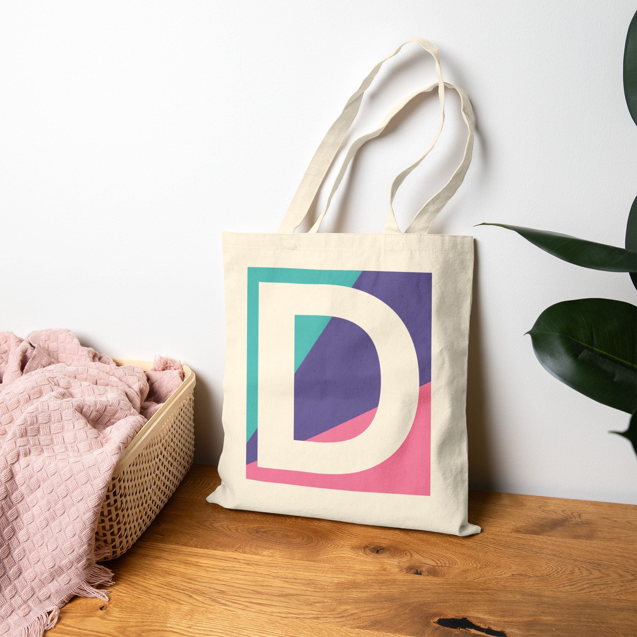 Initial D Colorblock Canvas Tote Bag — Monogram Letter D Reusable Grocery Tote