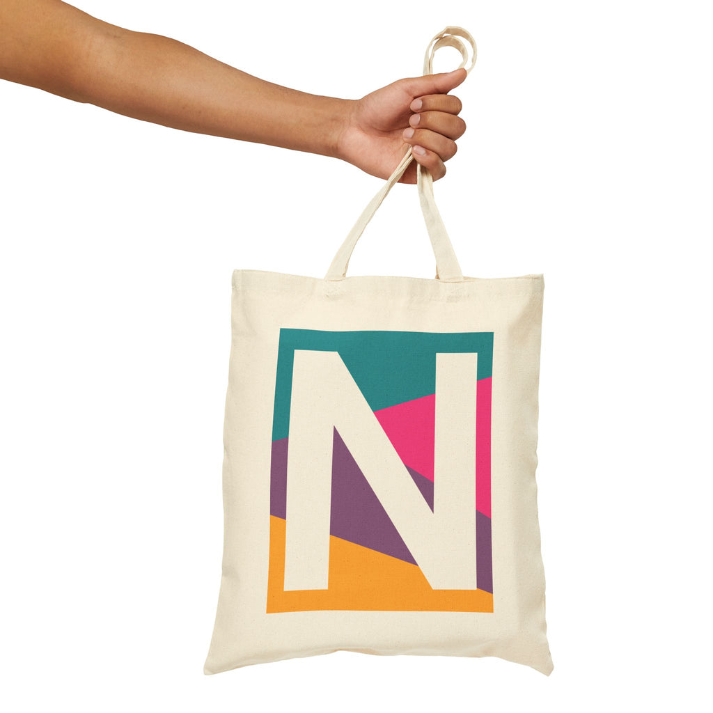 Initial N Colorblock Canvas Tote Bag — Monogram Letter N Reusable Grocery Tote