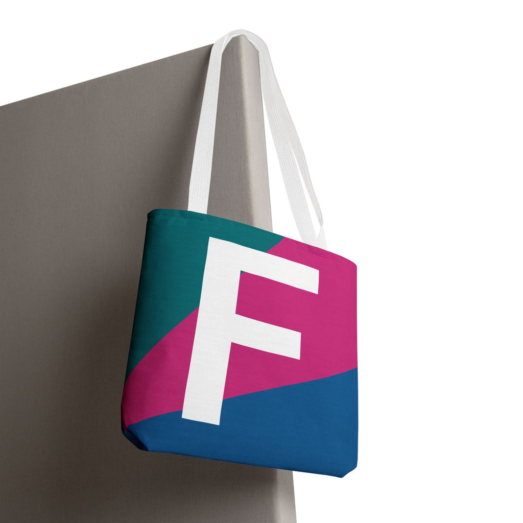 Monogram 'F' Colorblock Tote Bag — Personalized Initial F Shoulder Tote