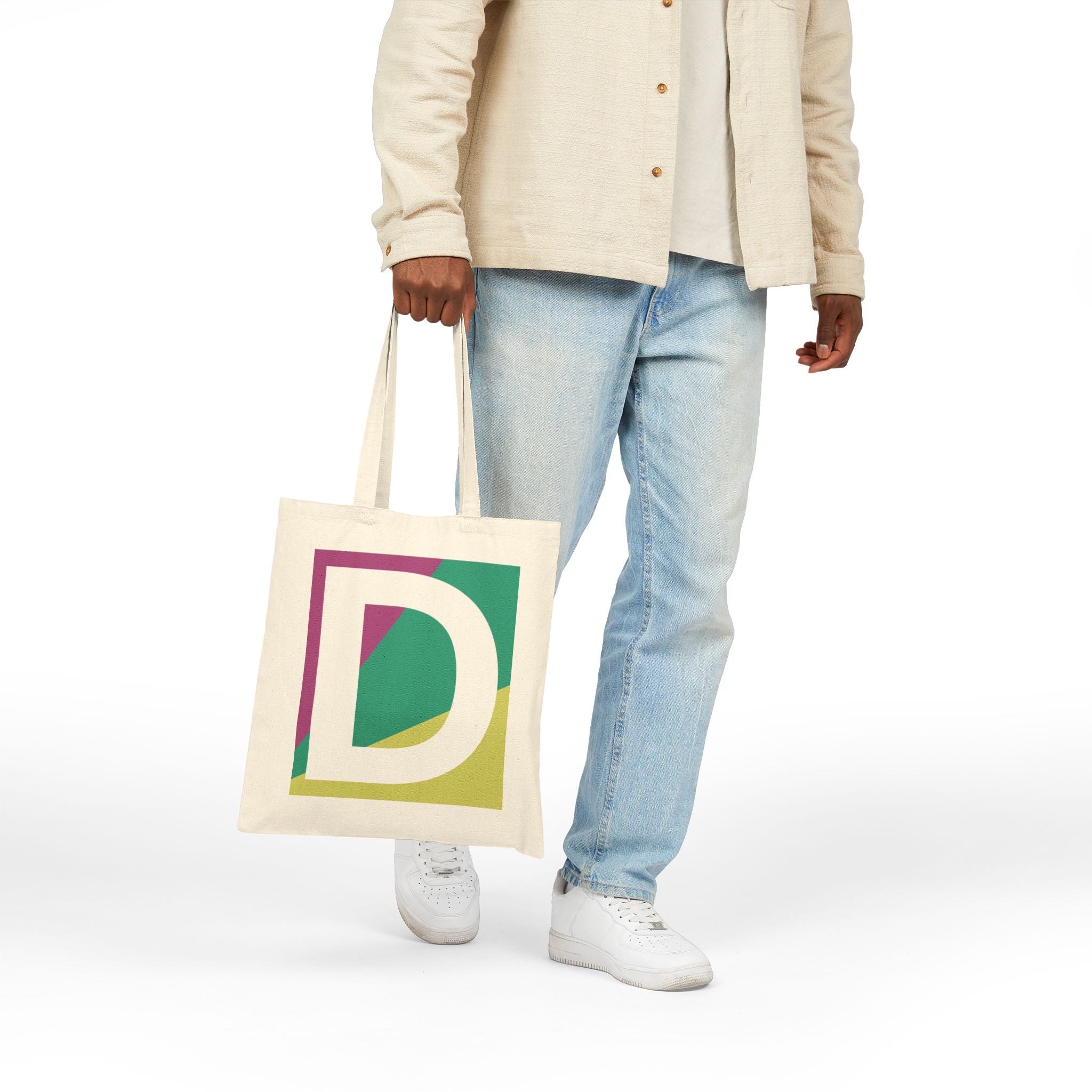 Initial D Colorblock Canvas Tote Bag — Monogram Letter D Reusable Grocery Tote