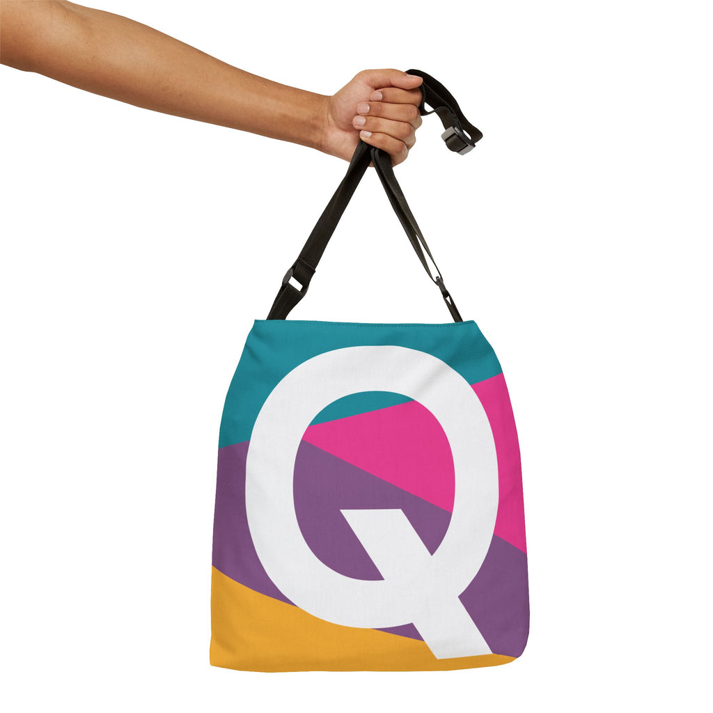 Initial Letter 'Q' Colorblock Adjustable Tote Bag — Monogram Alphabet Shoulder Bag