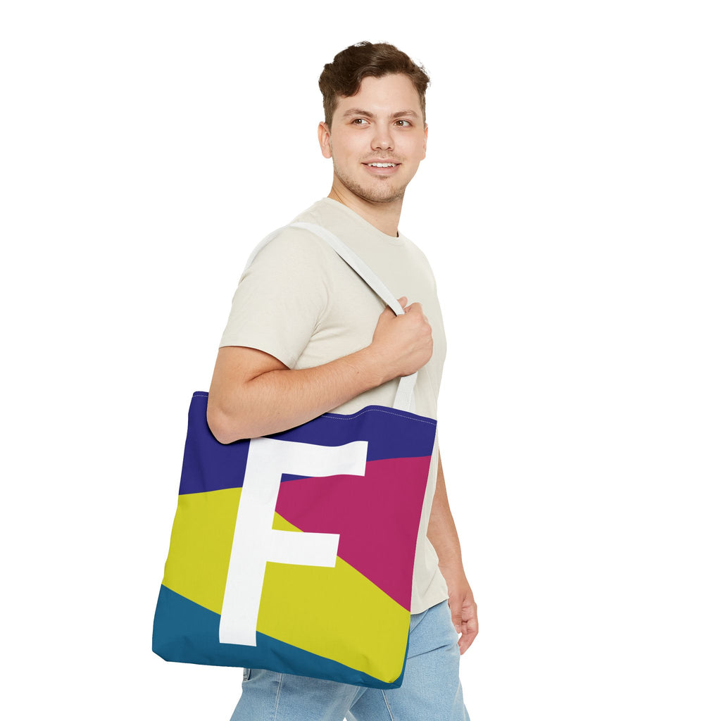 Monogram 'F' Colorblock Tote Bag — Personalized Initial F Shoulder Tote